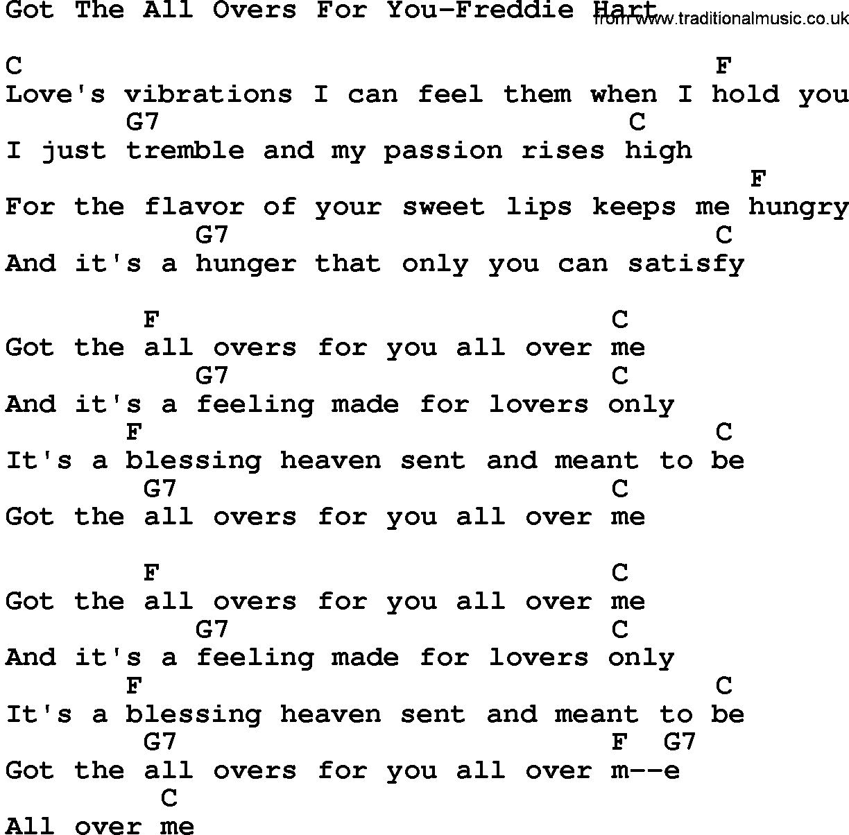 Country music song: Got The All Overs For You-Freddie Hart lyrics and chords