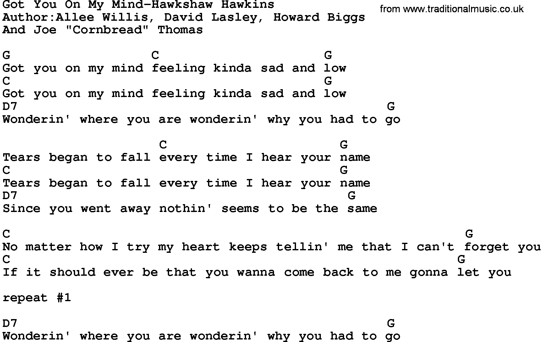 Country music song: Got You On My Mind-Hawkshaw Hawkins lyrics and chords