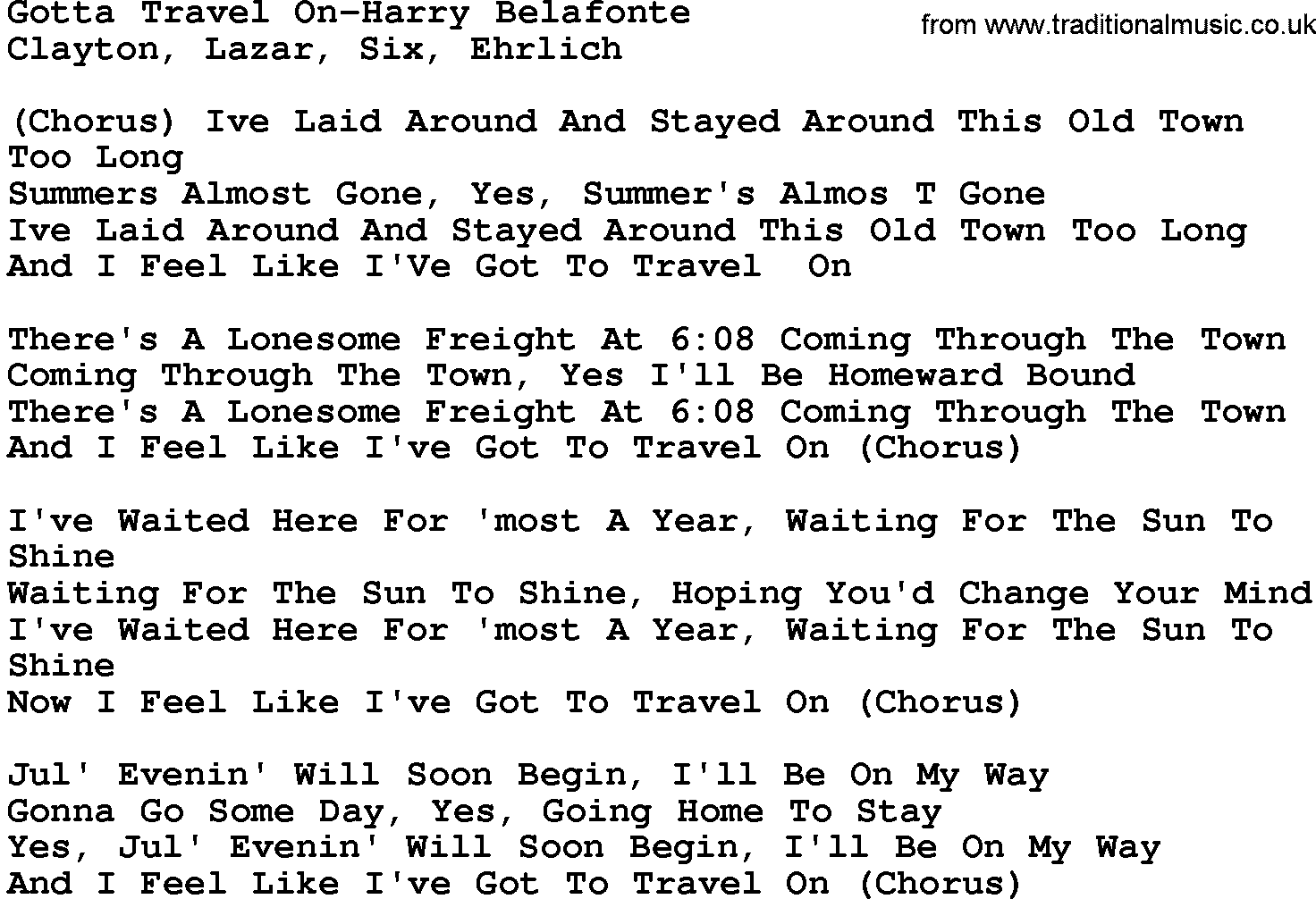 Country music song: Gotta Travel On-Harry Belafonte lyrics and chords