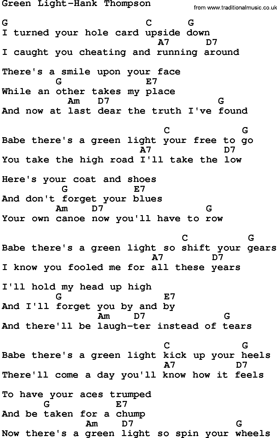 Country music song: Green Light-Hank Thompson lyrics and chords