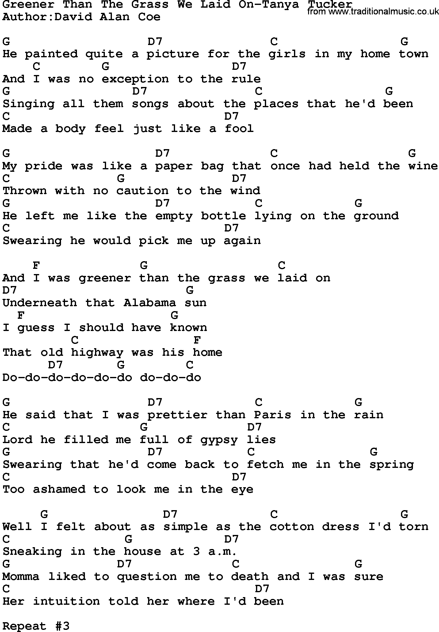 Country music song: Greener Than The Grass We Laid On-Tanya Tucker lyrics and chords