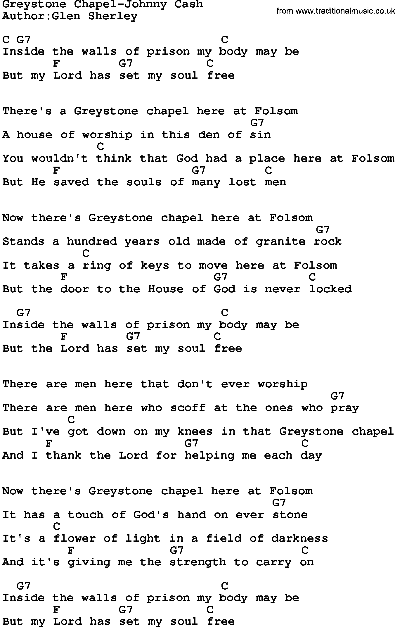 Country music song: Greystone Chapel-Johnny Cash lyrics and chords