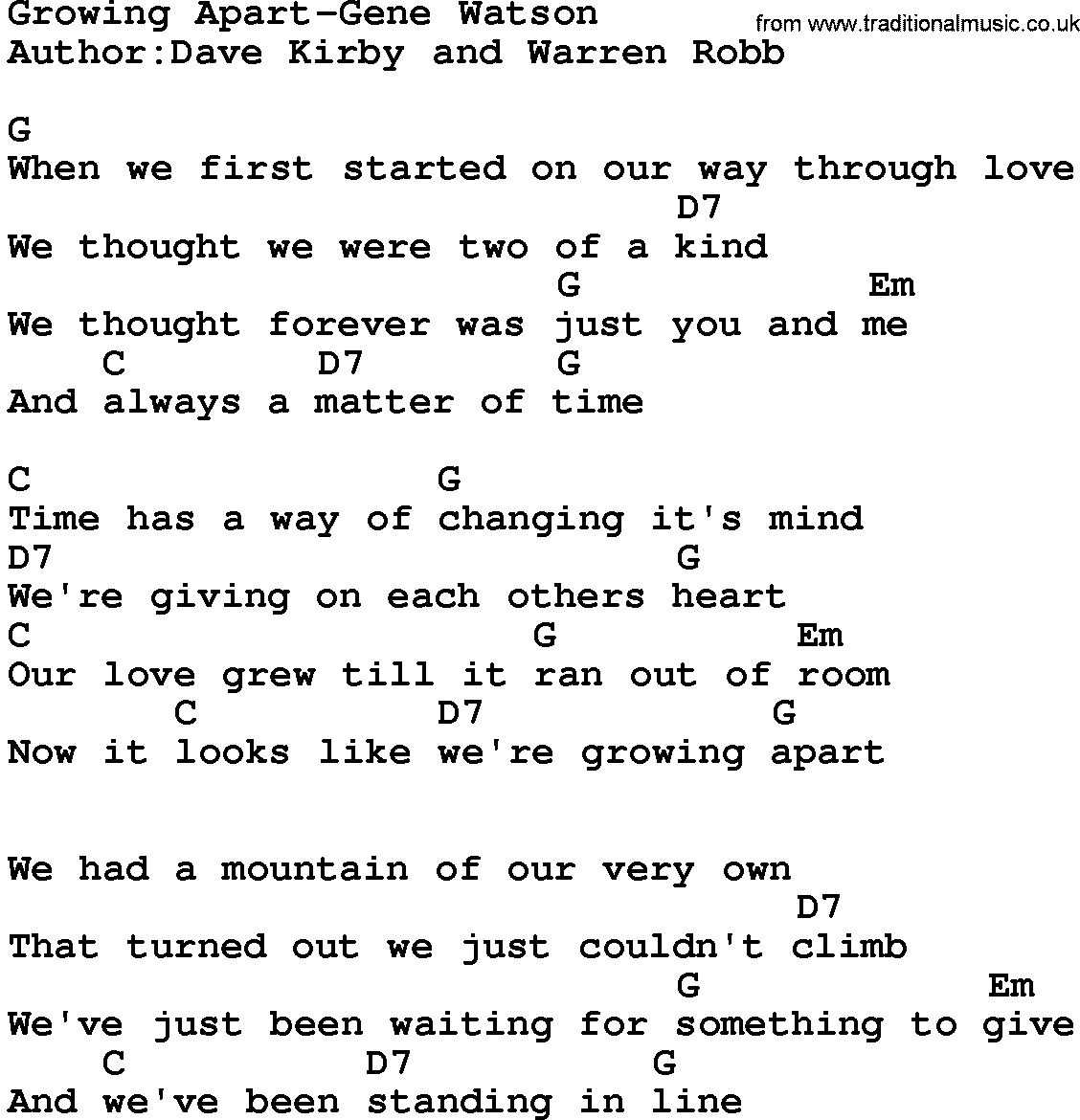 Country music song: Growing Apart-Gene Watson lyrics and chords