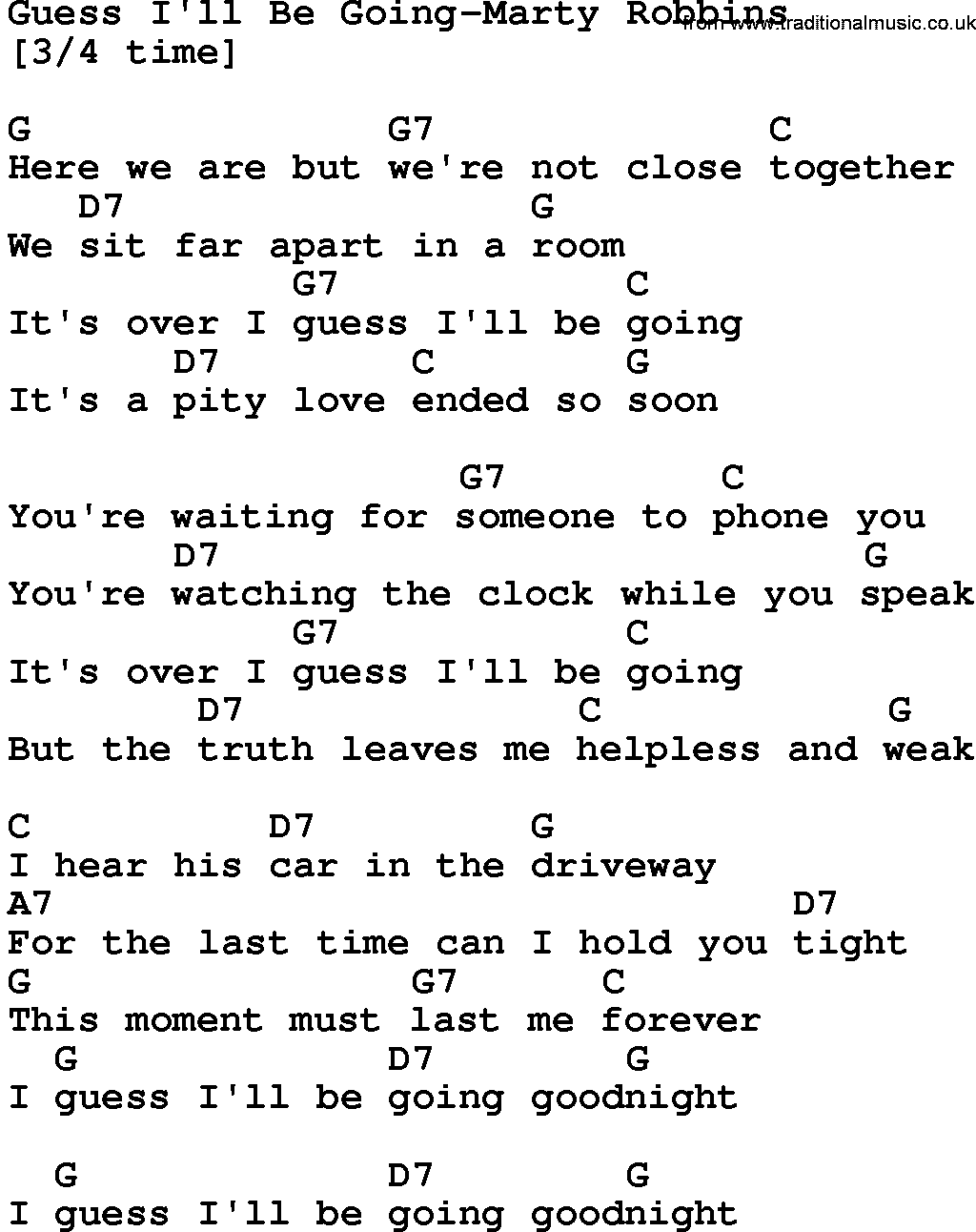 Country music song: Guess I'll Be Going-Marty Robbins lyrics and chords