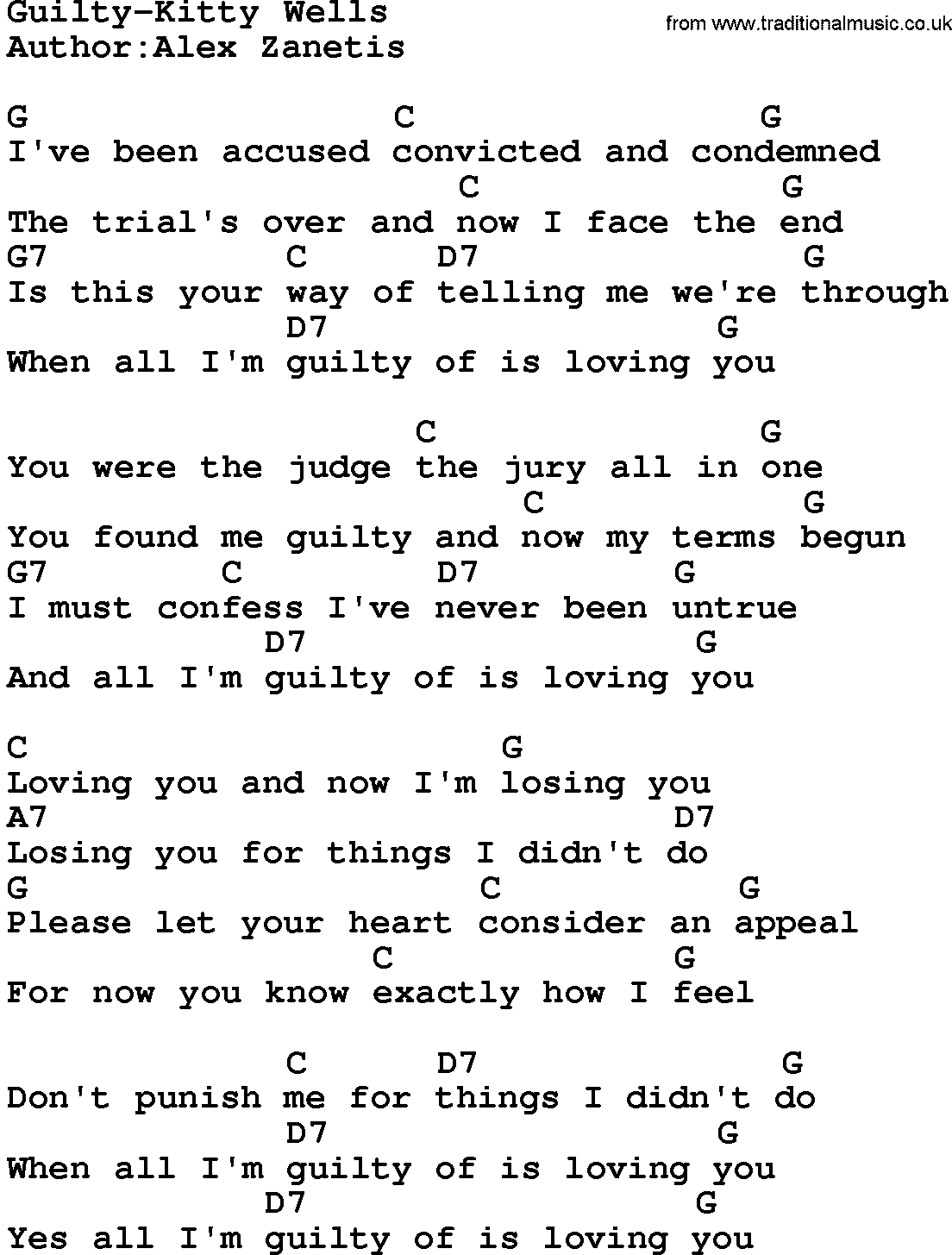 Country music song: Guilty-Kitty Wells lyrics and chords