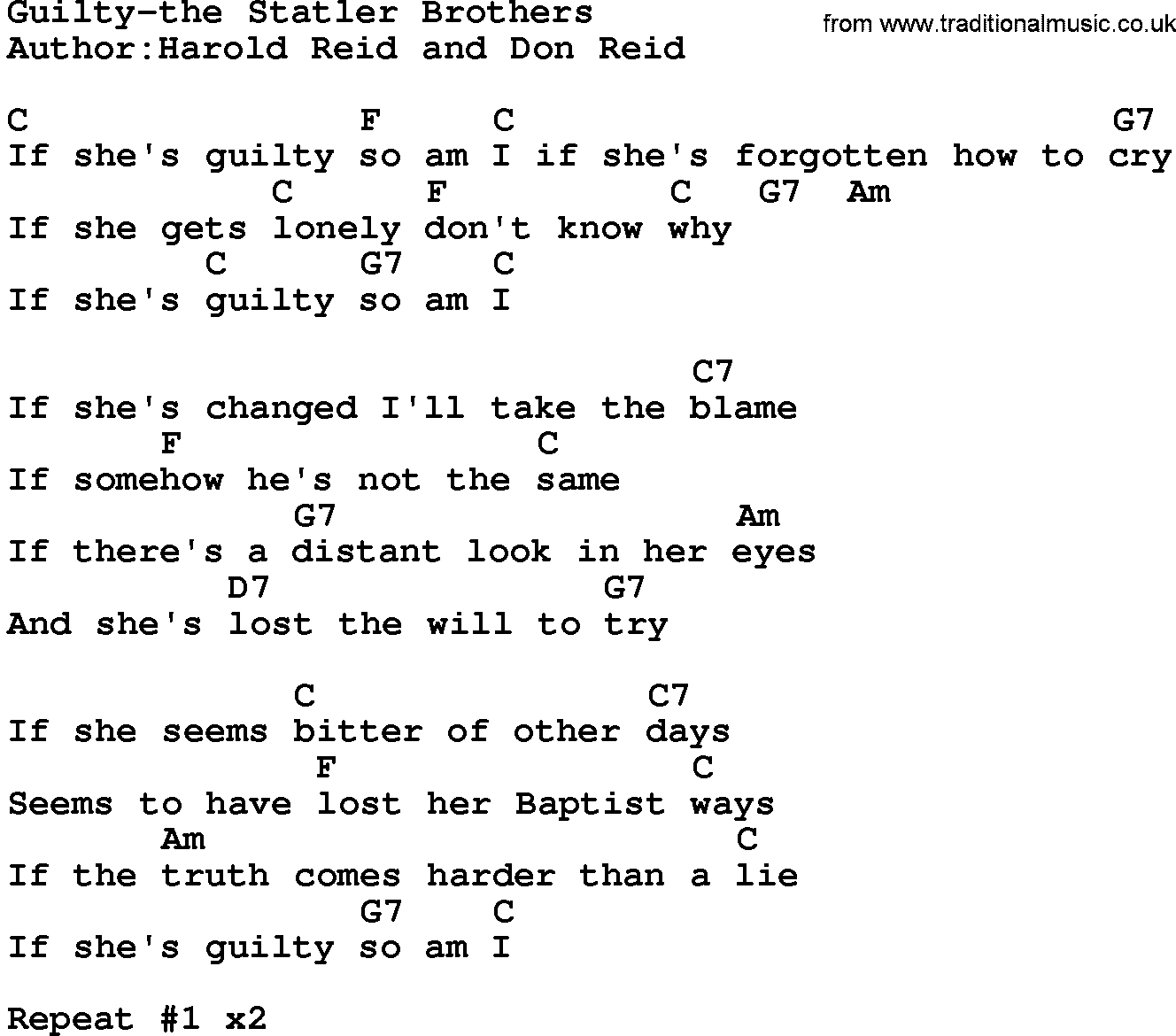 Country music song: Guilty-The Statler Brothers lyrics and chords