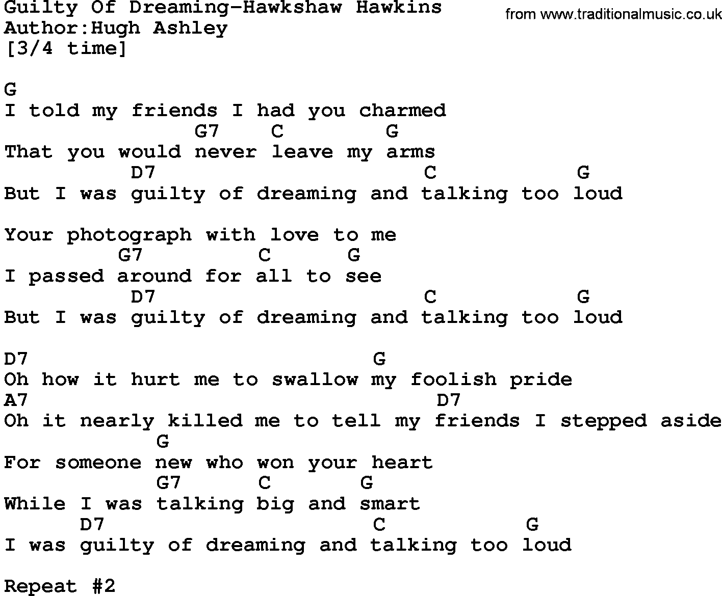 Country music song: Guilty Of Dreaming-Hawkshaw Hawkins lyrics and chords