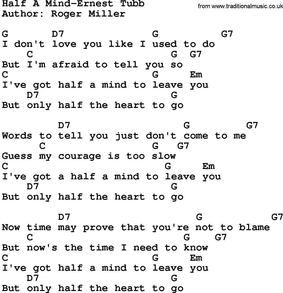 Country music song: Half A Mind-Ernest Tubb lyrics and chords