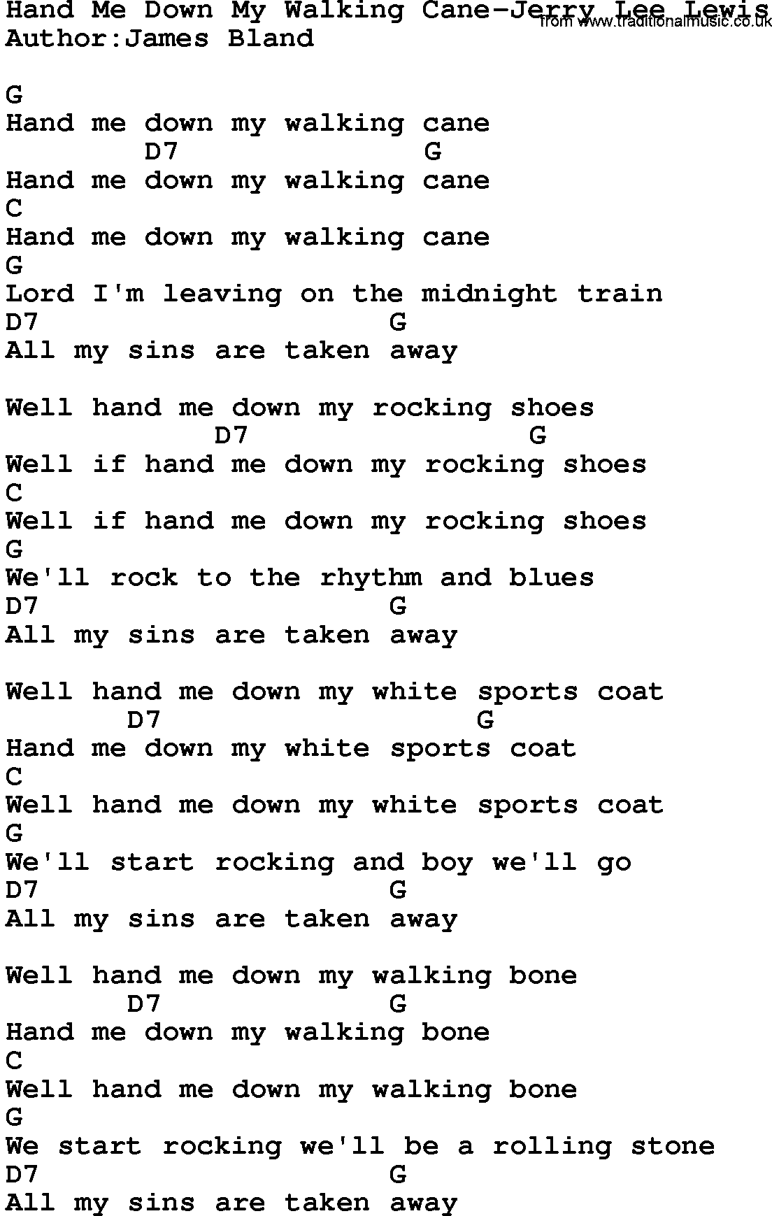 Country music song: Hand Me Down My Walking Cane-Jerry Lee Lewis lyrics and chords
