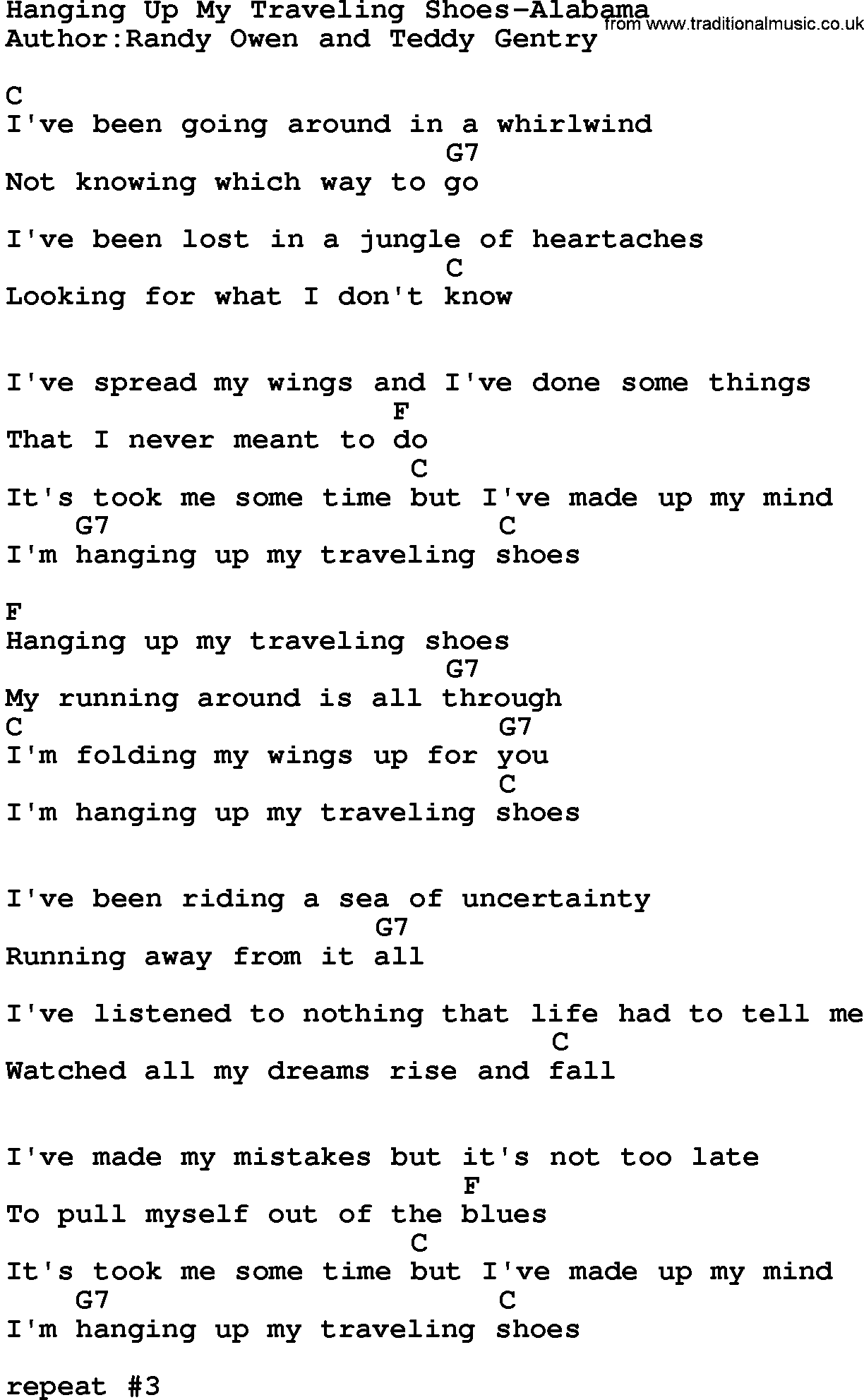 Country music song: Hanging Up My Traveling Shoes-Alabama lyrics and chords