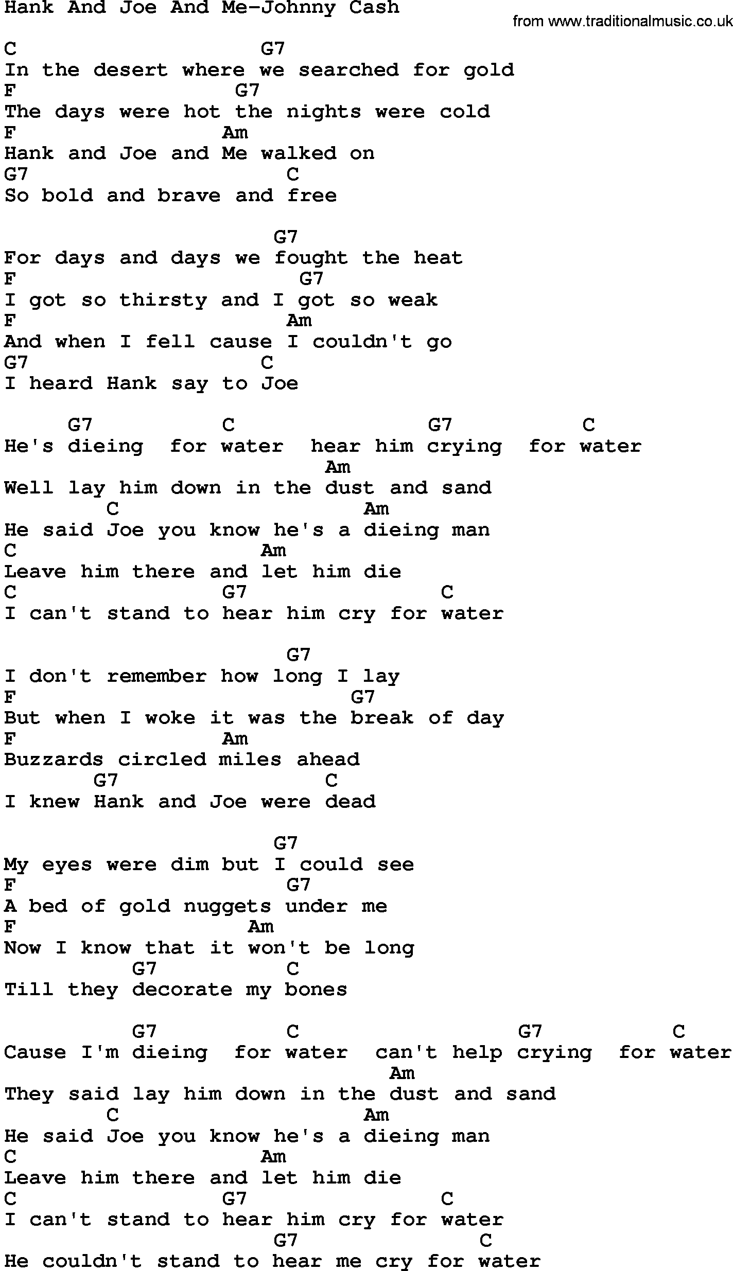 Country music song: Hank And Joe And Me-Johnny Cash lyrics and chords