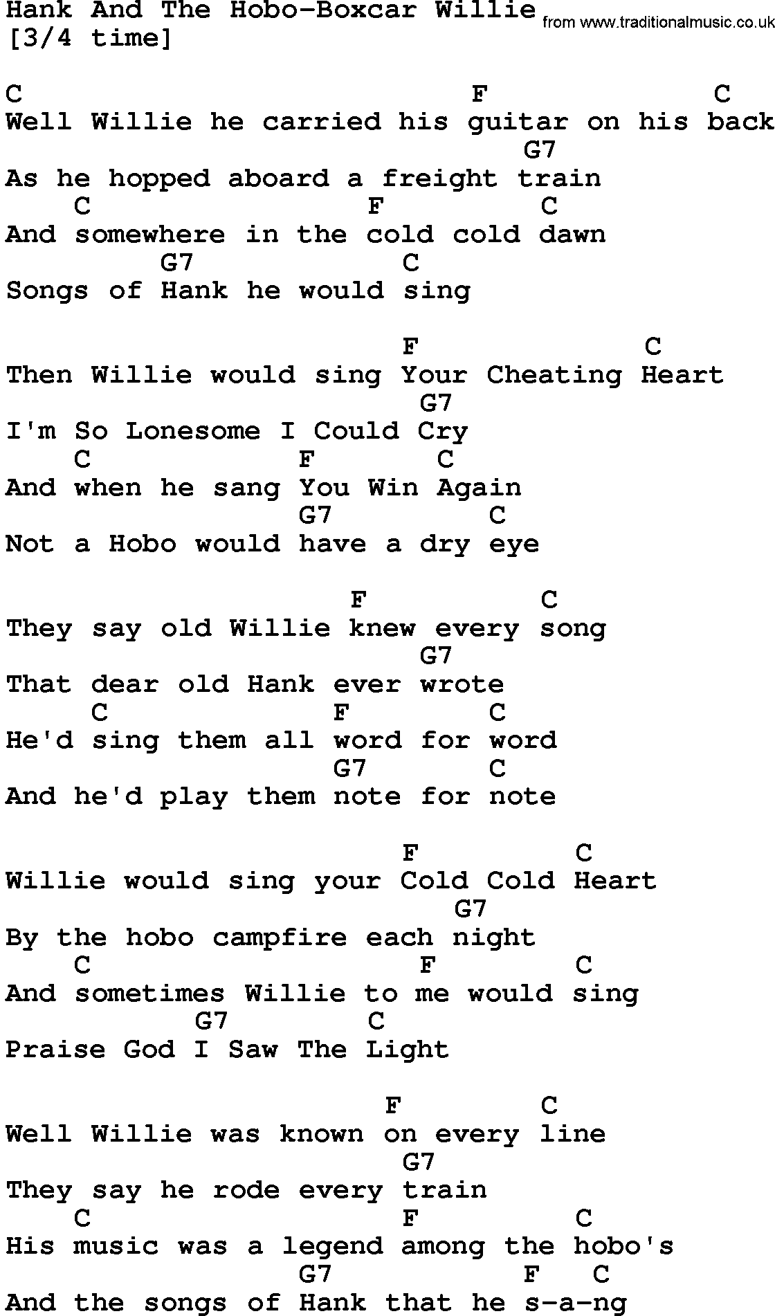 Country music song: Hank And The Hobo-Boxcar Willie lyrics and chords