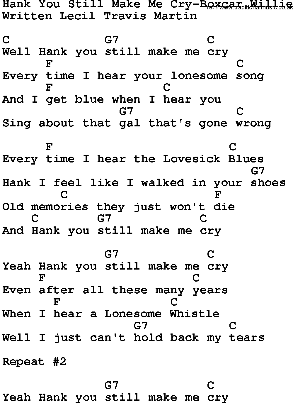 Country music song: Hank You Still Make Me Cry-Boxcar Willie lyrics and chords