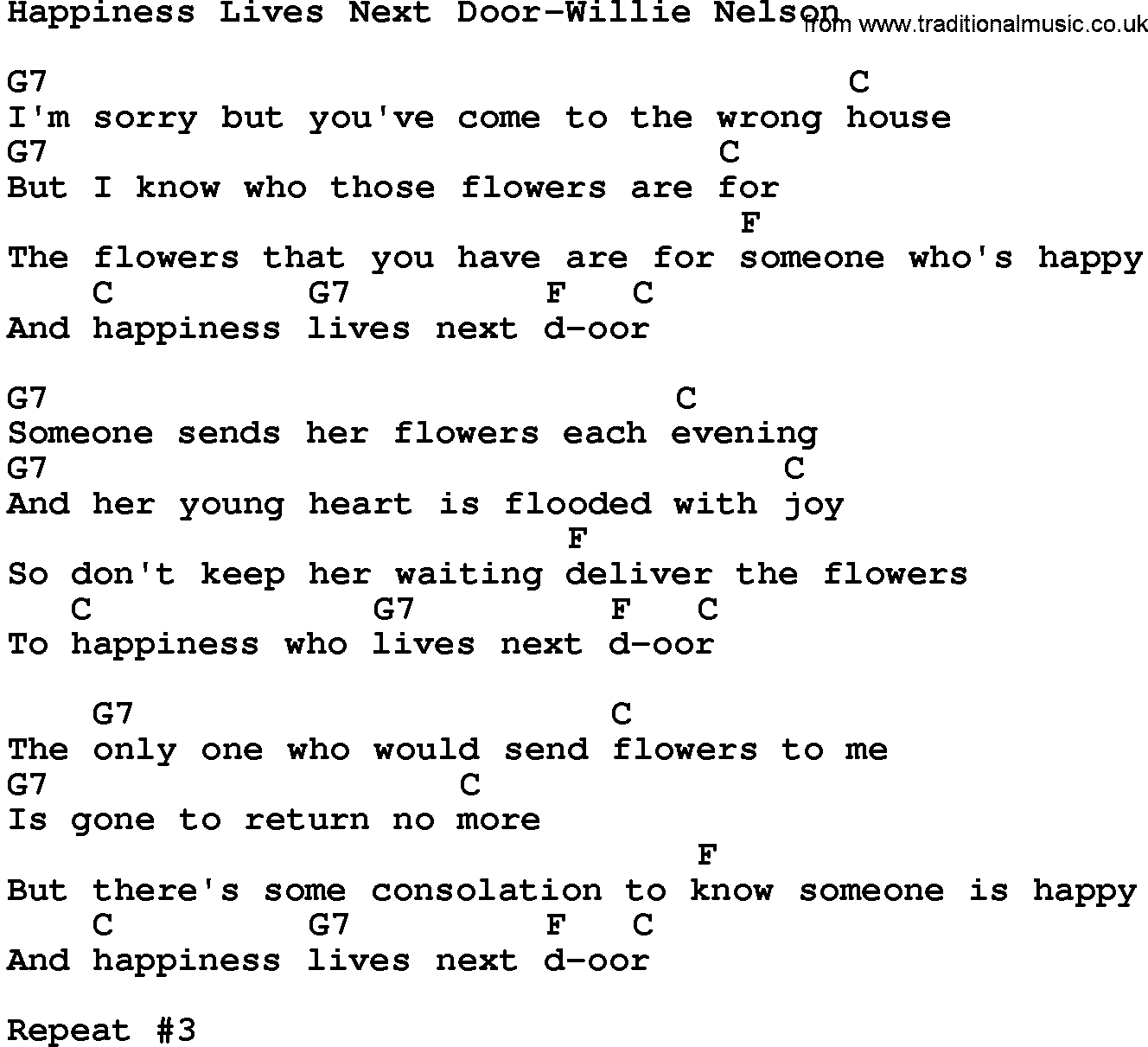 Country music song: Happiness Lives Next Door-Willie Nelson lyrics and chords