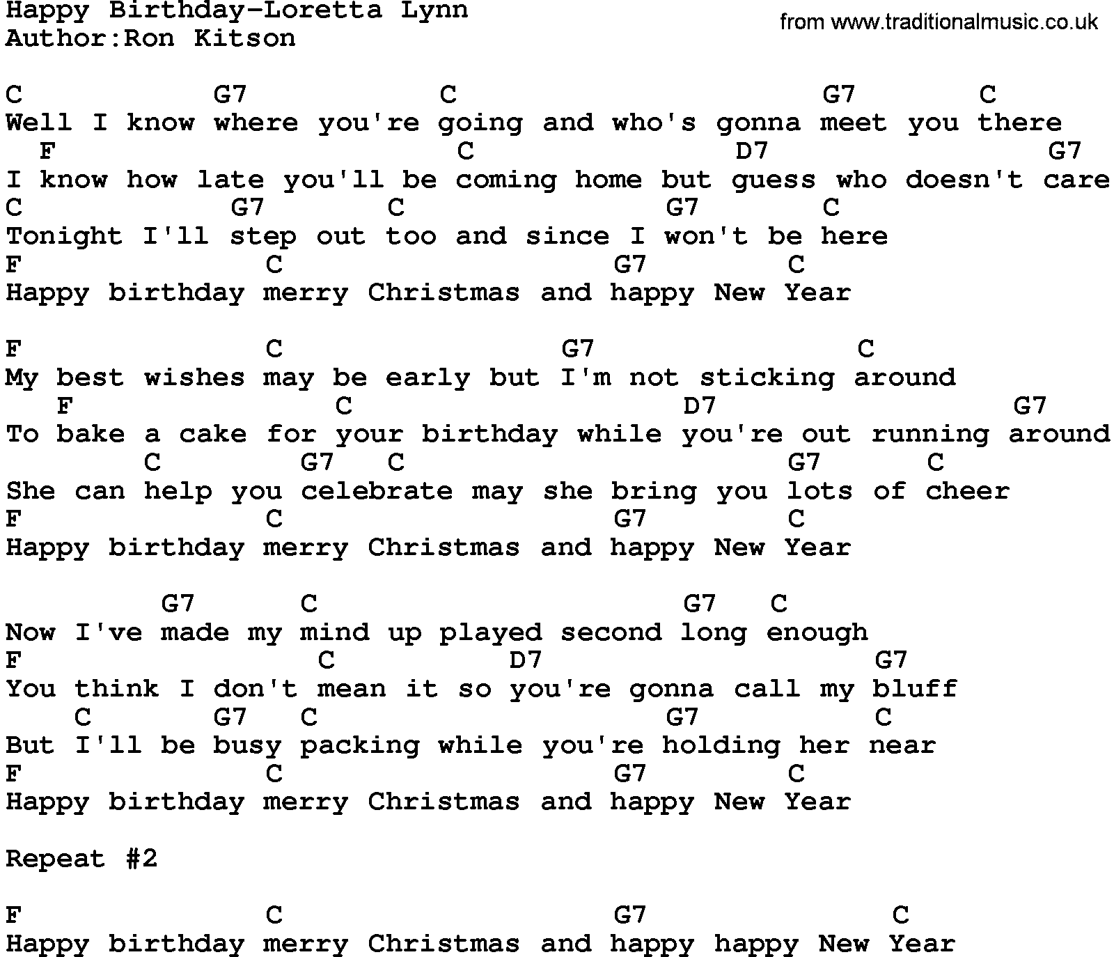 Country music song: Happy Birthday-Loretta Lynn lyrics and chords
