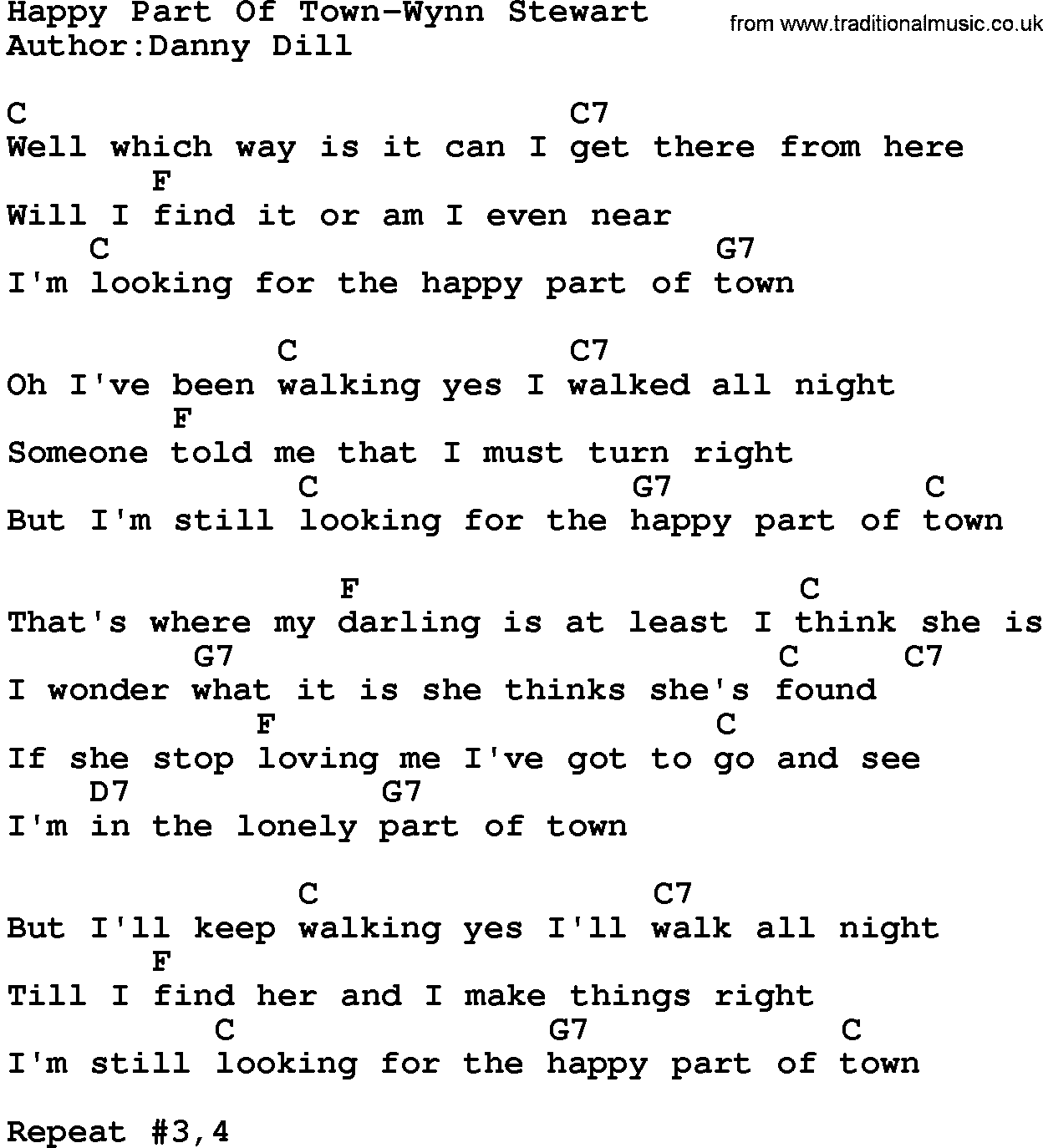 Country music song: Happy Part Of Town-Wynn Stewart lyrics and chords