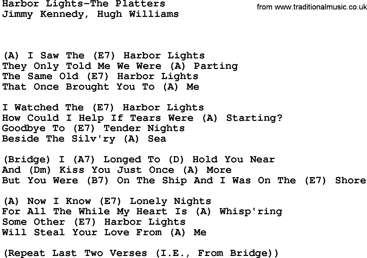 Country music song: Harbor Lights-The Platters lyrics and chords