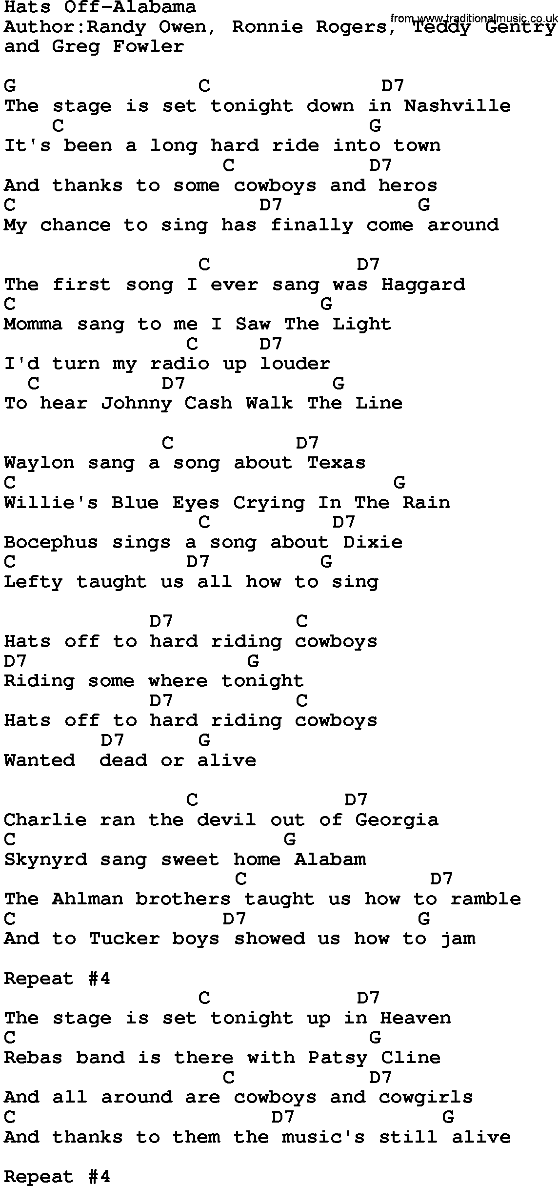 Country music song: Hats Off-Alabama lyrics and chords