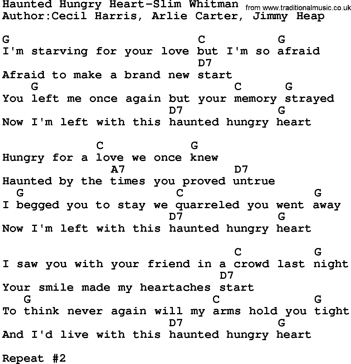 Country music song: Haunted Hungry Heart-Slim Whitman lyrics and chords
