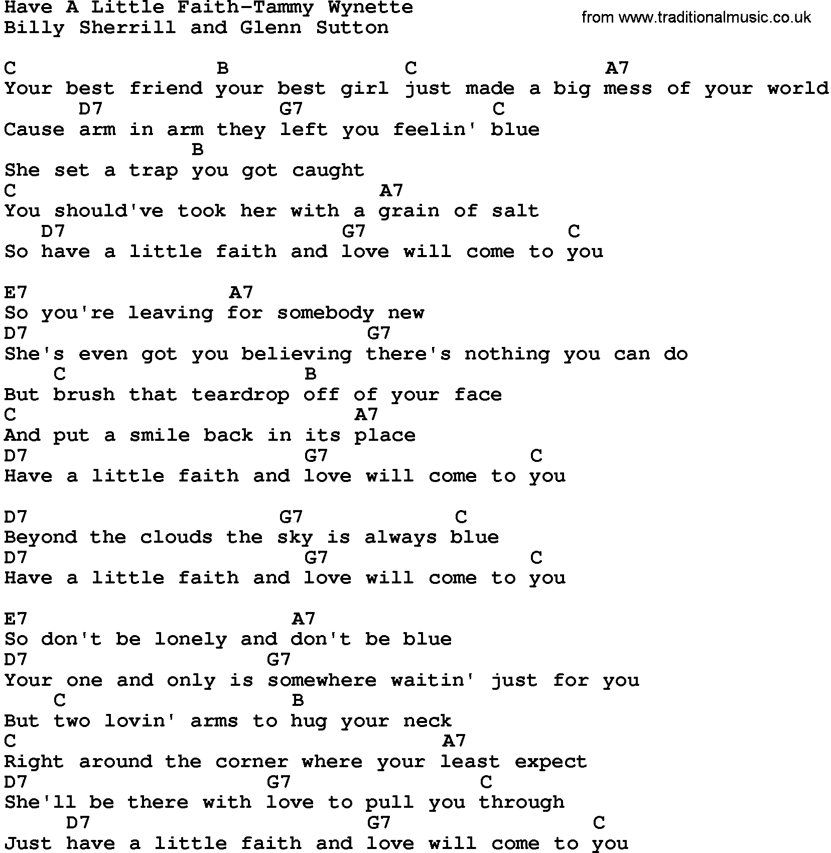 Country music song: Have A Little Faith-Tammy Wynette lyrics and chords