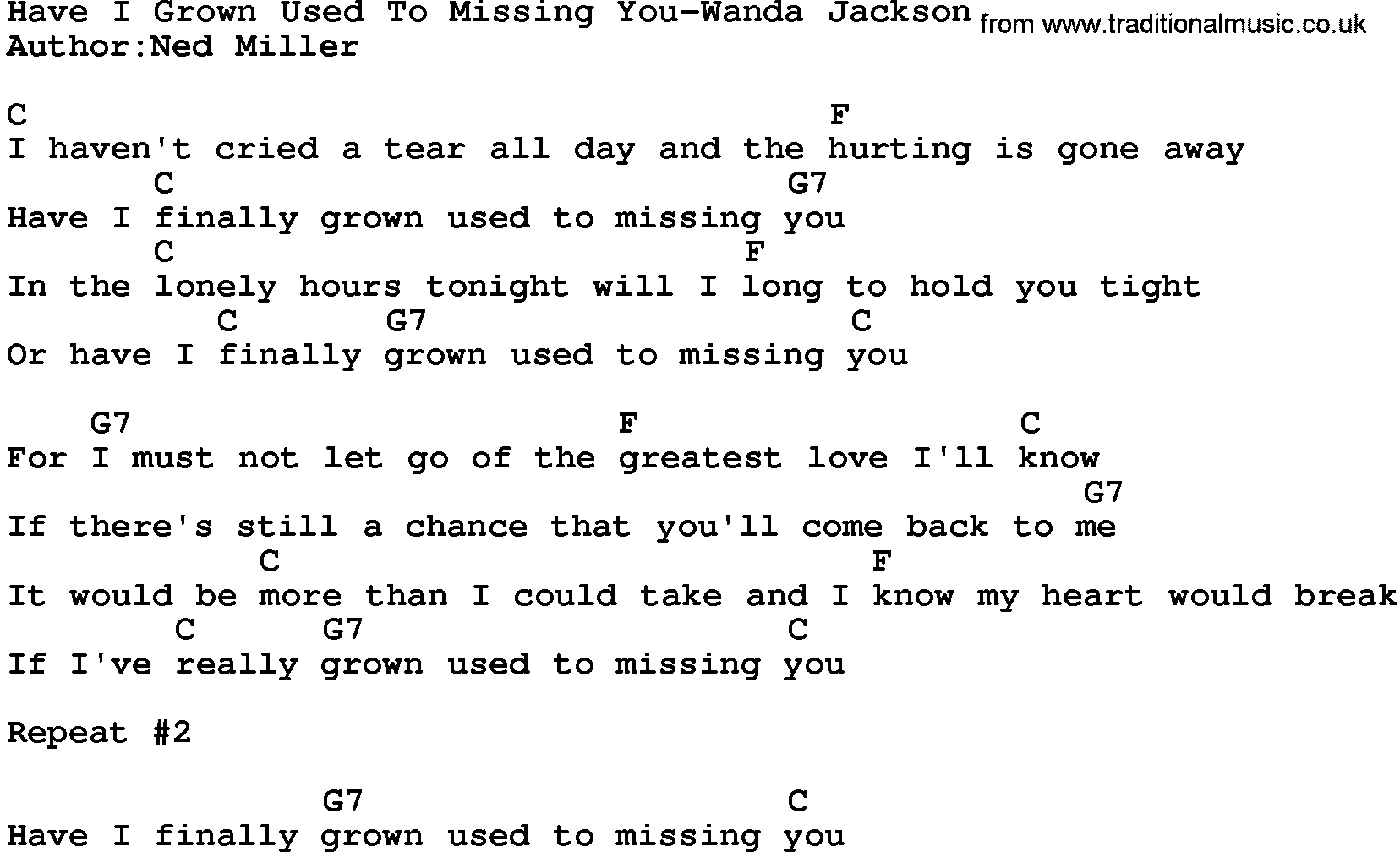 Country music song: Have I Grown Used To Missing You-Wanda Jackson lyrics and chords