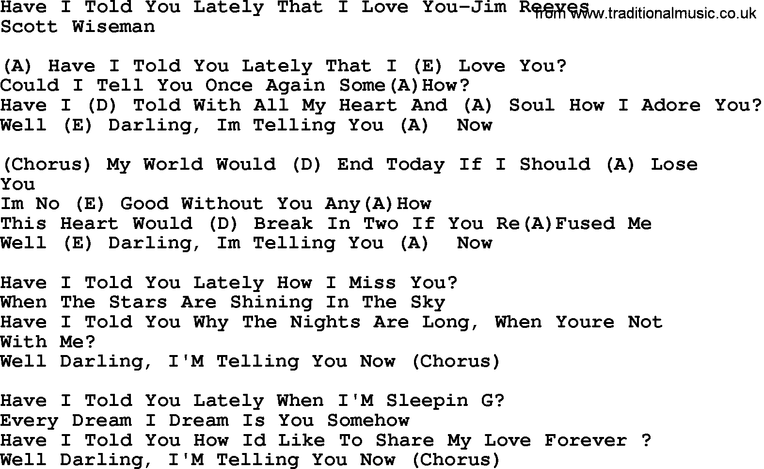 Country music song: Have I Told You Lately That I Love You-Jim Reeves lyrics and chords
