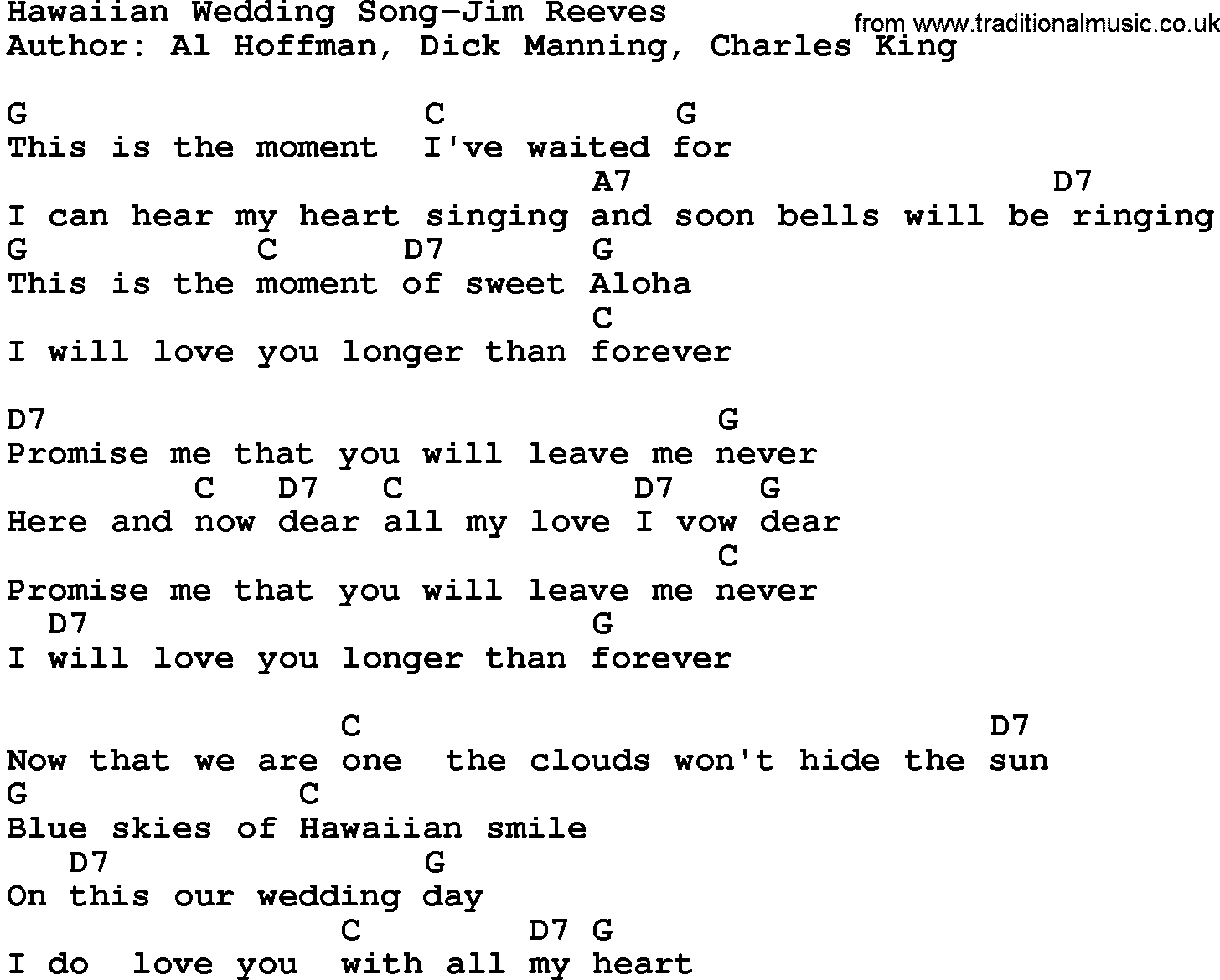 Country music song: Hawaiian Wedding Song-Jim Reeves lyrics and chords