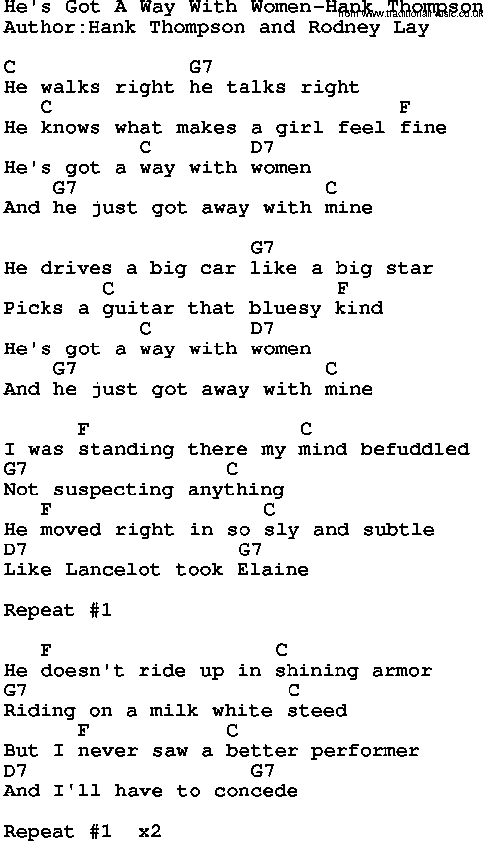 Country music song: He's Got A Way With Women-Hank Thompson lyrics and chords