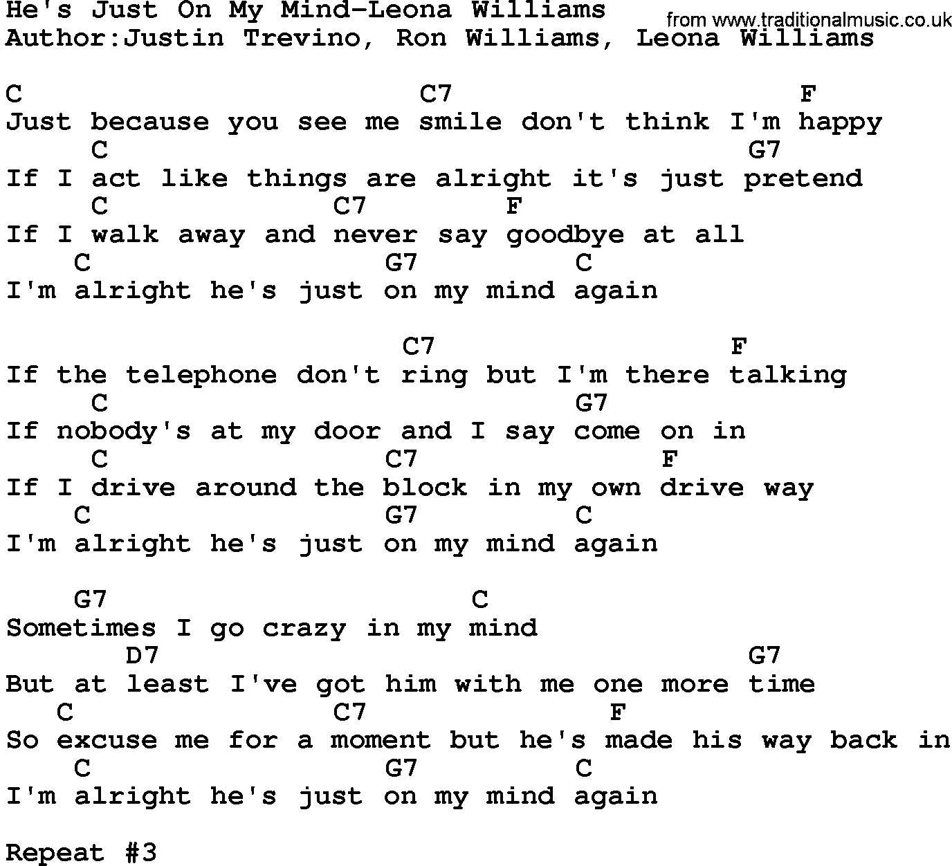 Country music song: He's Just On My Mind-Leona Williams lyrics and chords