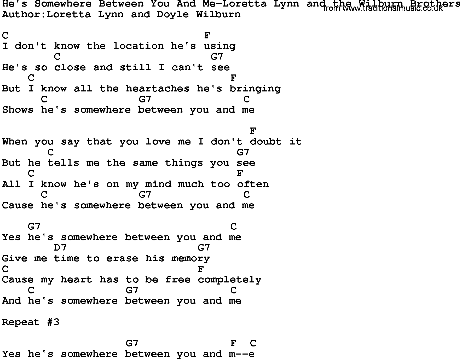 Country music song: He's Somewhere Between You And Me-Loretta Lynn And The Wilburn Brothers lyrics and chords