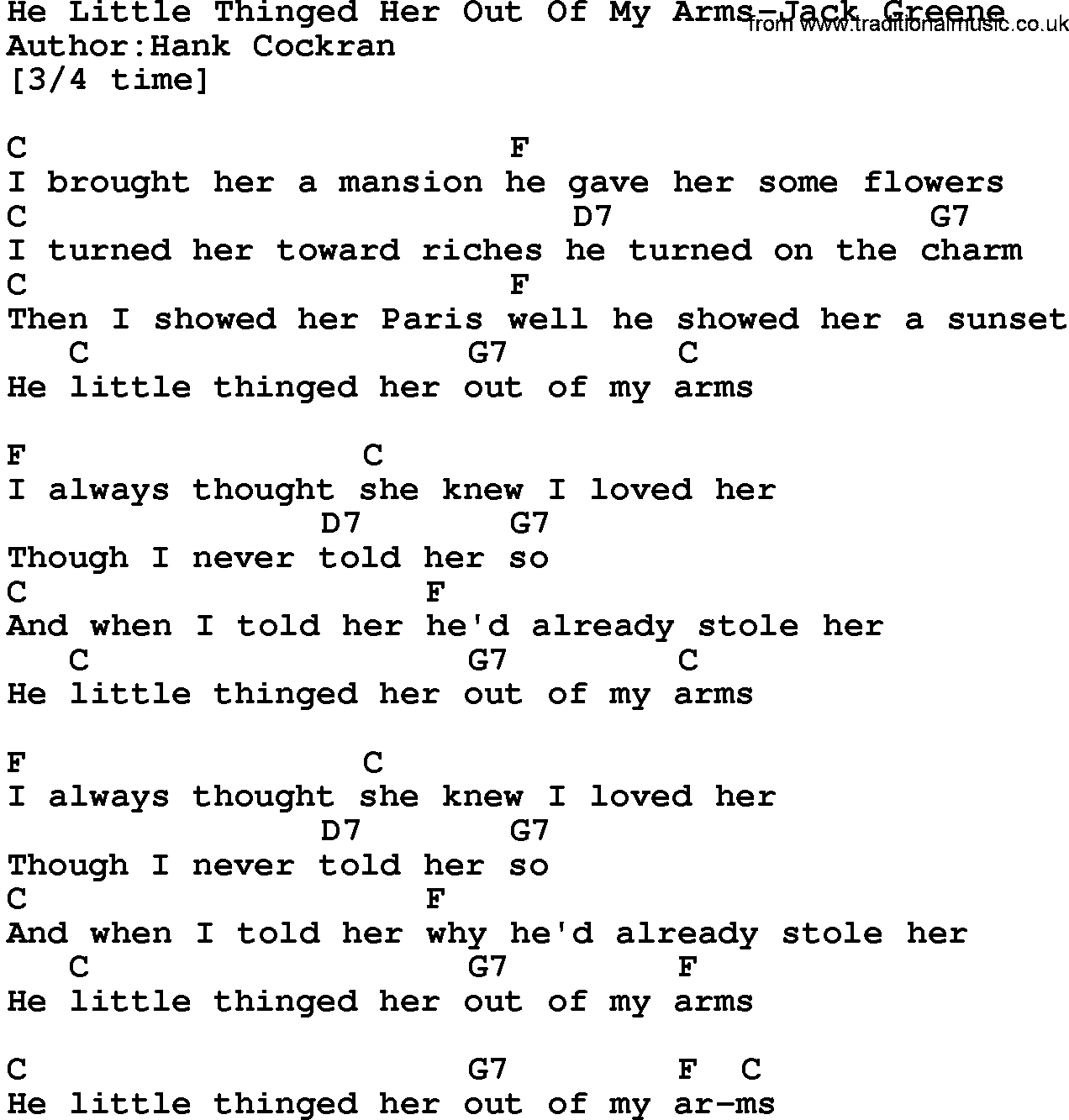 Country music song: He Little Thinged Her Out Of My Arms-Jack Greene lyrics and chords