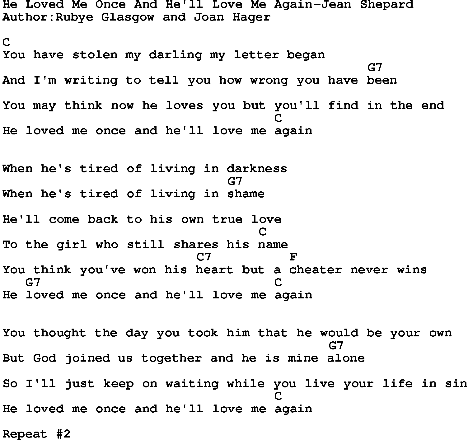 Country music song: He Loved Me Once And He'll Love Me Again-Jean Shepard lyrics and chords