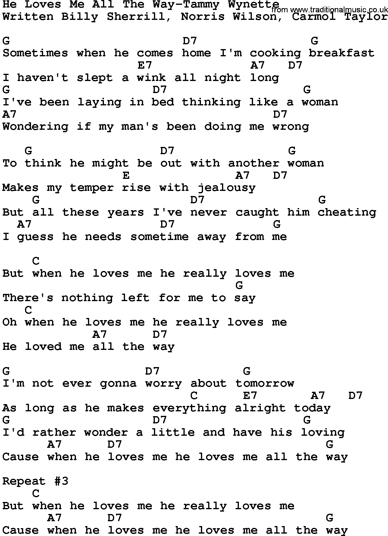 Country music song: He Loves Me All The Way-Tammy Wynette lyrics and chords