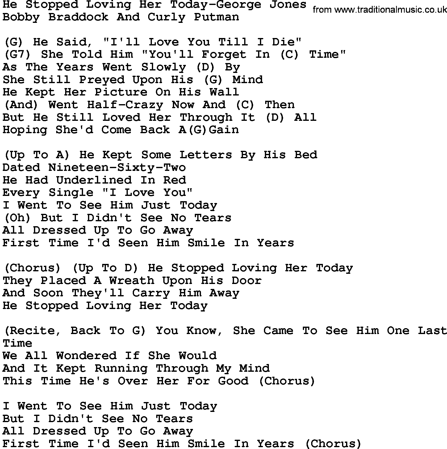 Country music song: He Stopped Loving Her Today-George Jones lyrics and chords