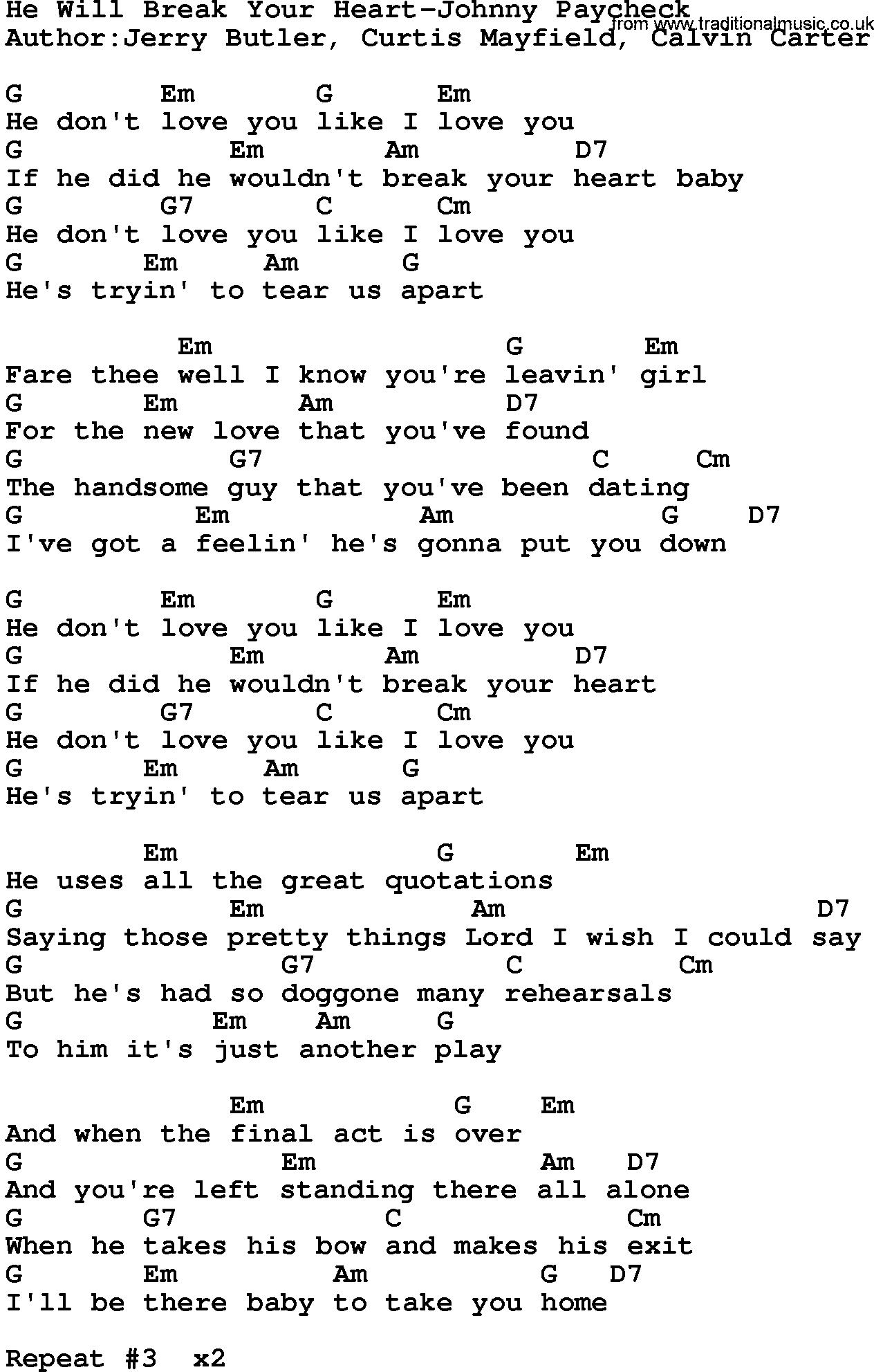 Country music song: He Will Break Your Heart-Johnny Paycheck lyrics and chords