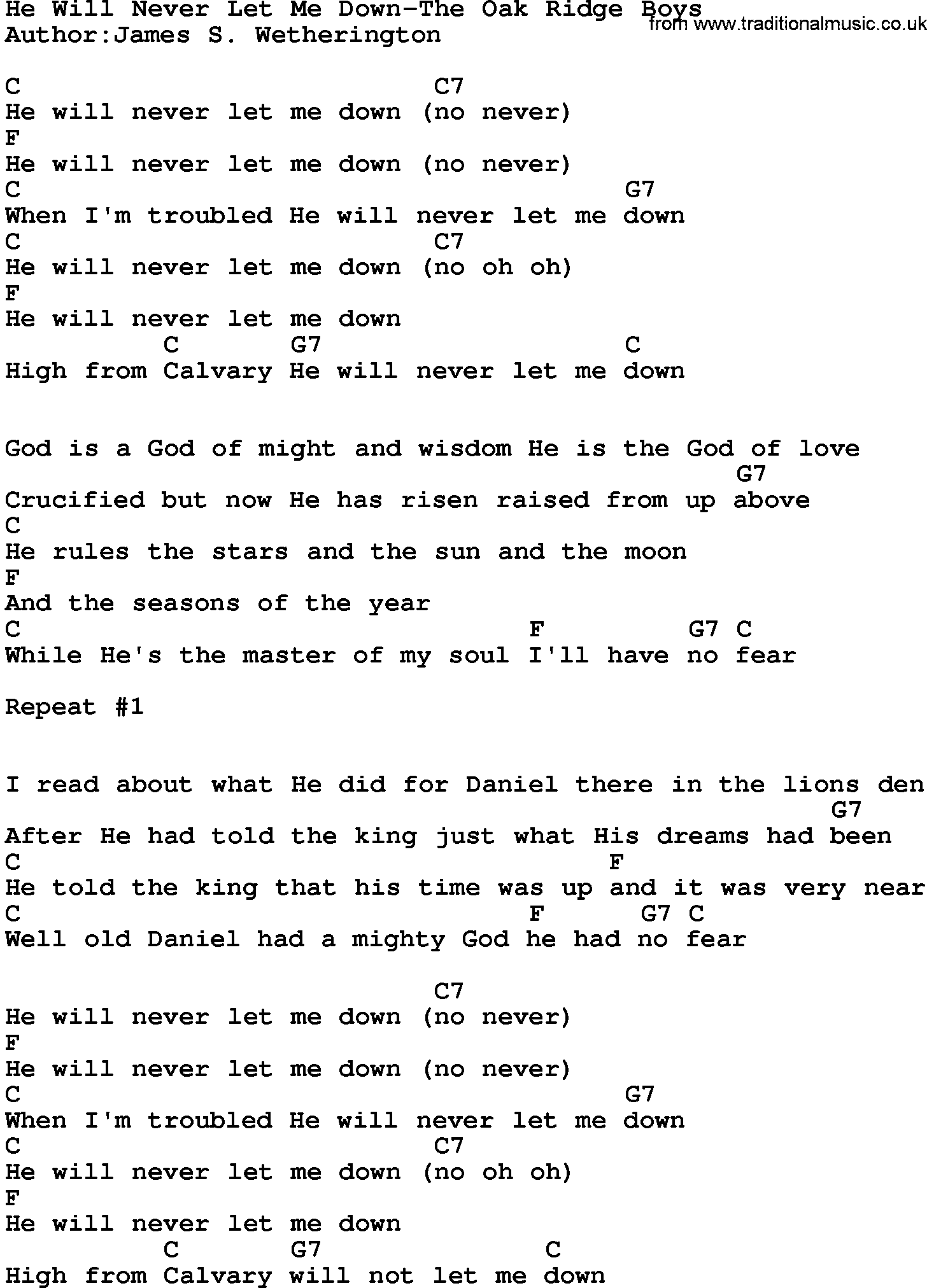 Country music song: He Will Never Let Me Down-The Oak Ridge Boys lyrics and chords