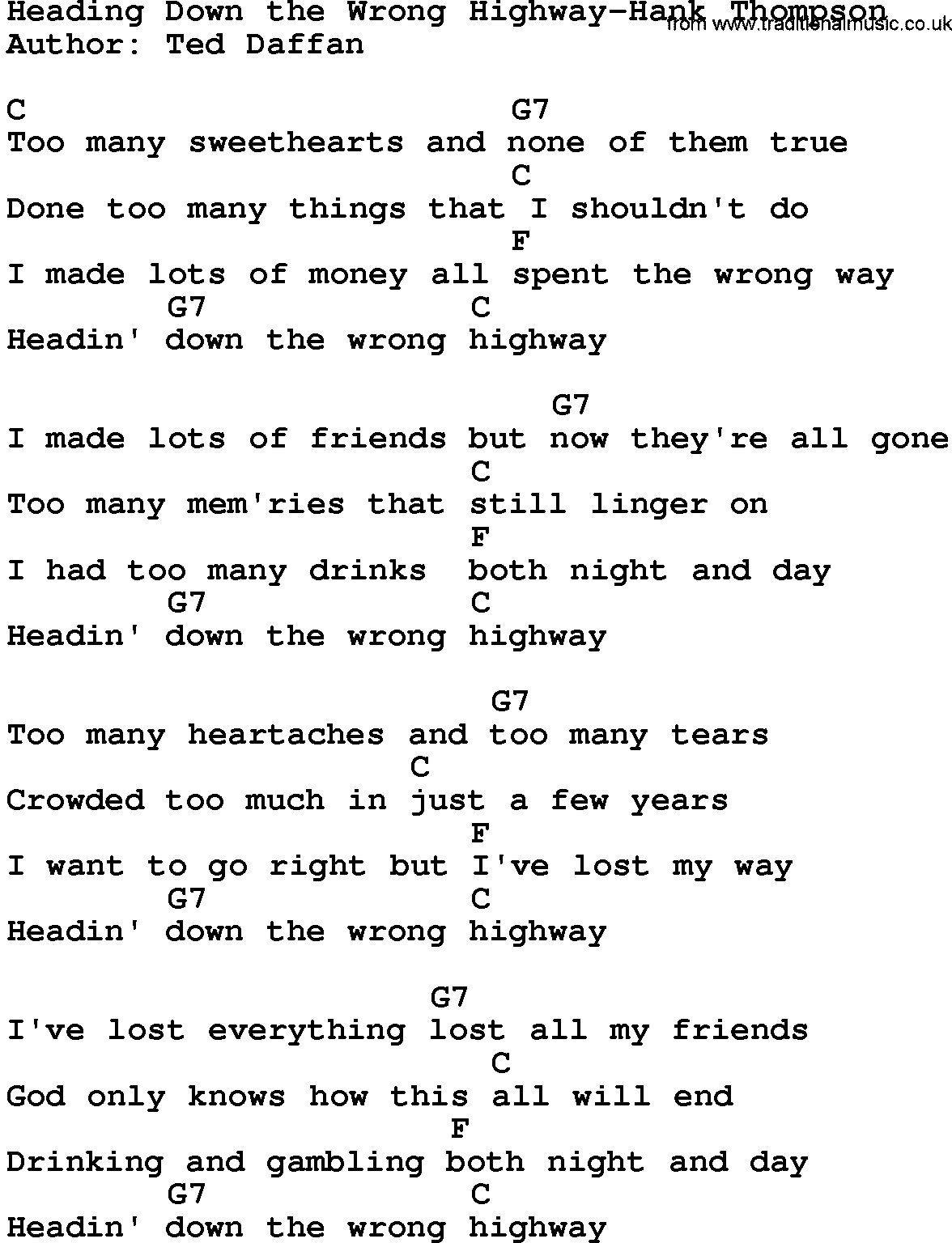 Country music song: Heading Down The Wrong Highway-Hank Thompson lyrics and chords