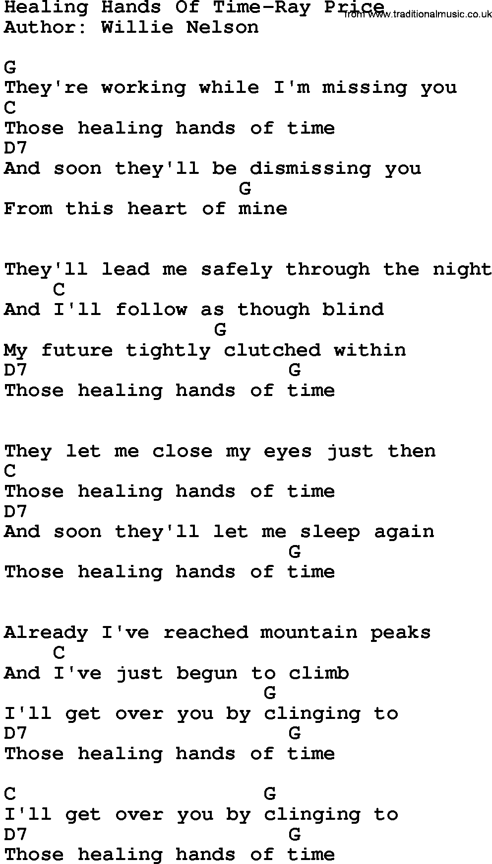 Country music song: Healing Hands Of Time-Ray Price lyrics and chords