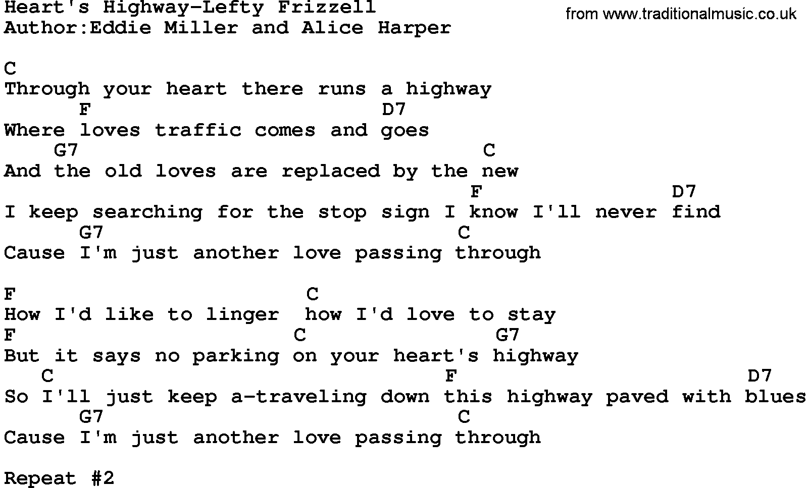 Country music song: Heart's Highway-Lefty Frizzell lyrics and chords