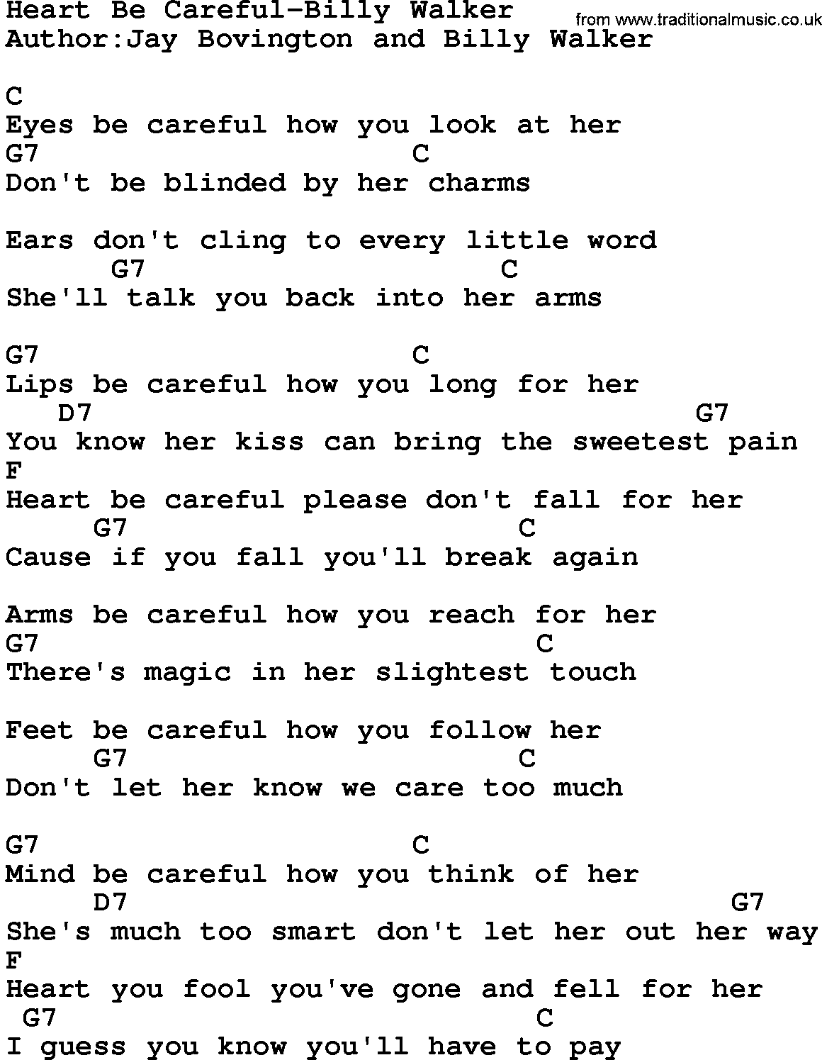 Country music song: Heart Be Careful-Billy Walker lyrics and chords