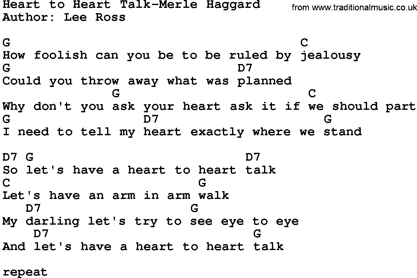 Country music song: Heart To Heart Talk-Merle Haggard lyrics and chords
