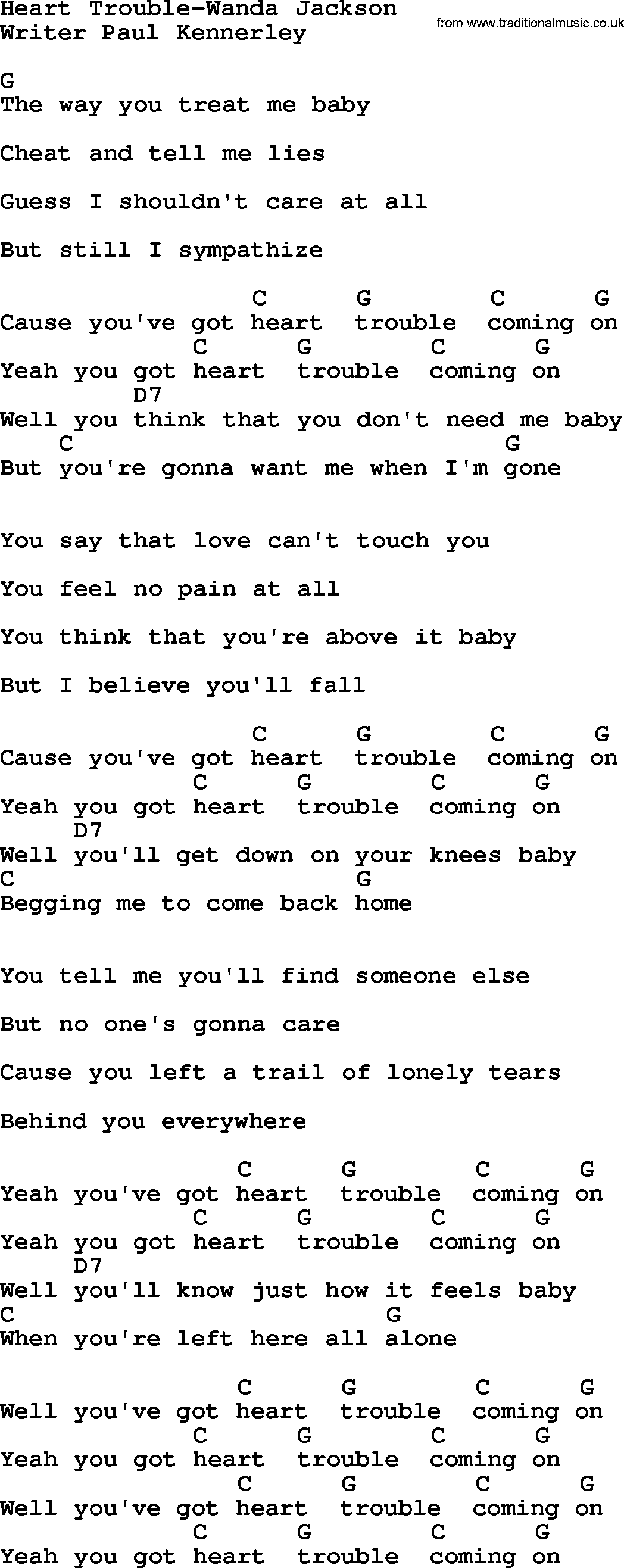 Country music song: Heart Trouble-Wanda Jackson lyrics and chords