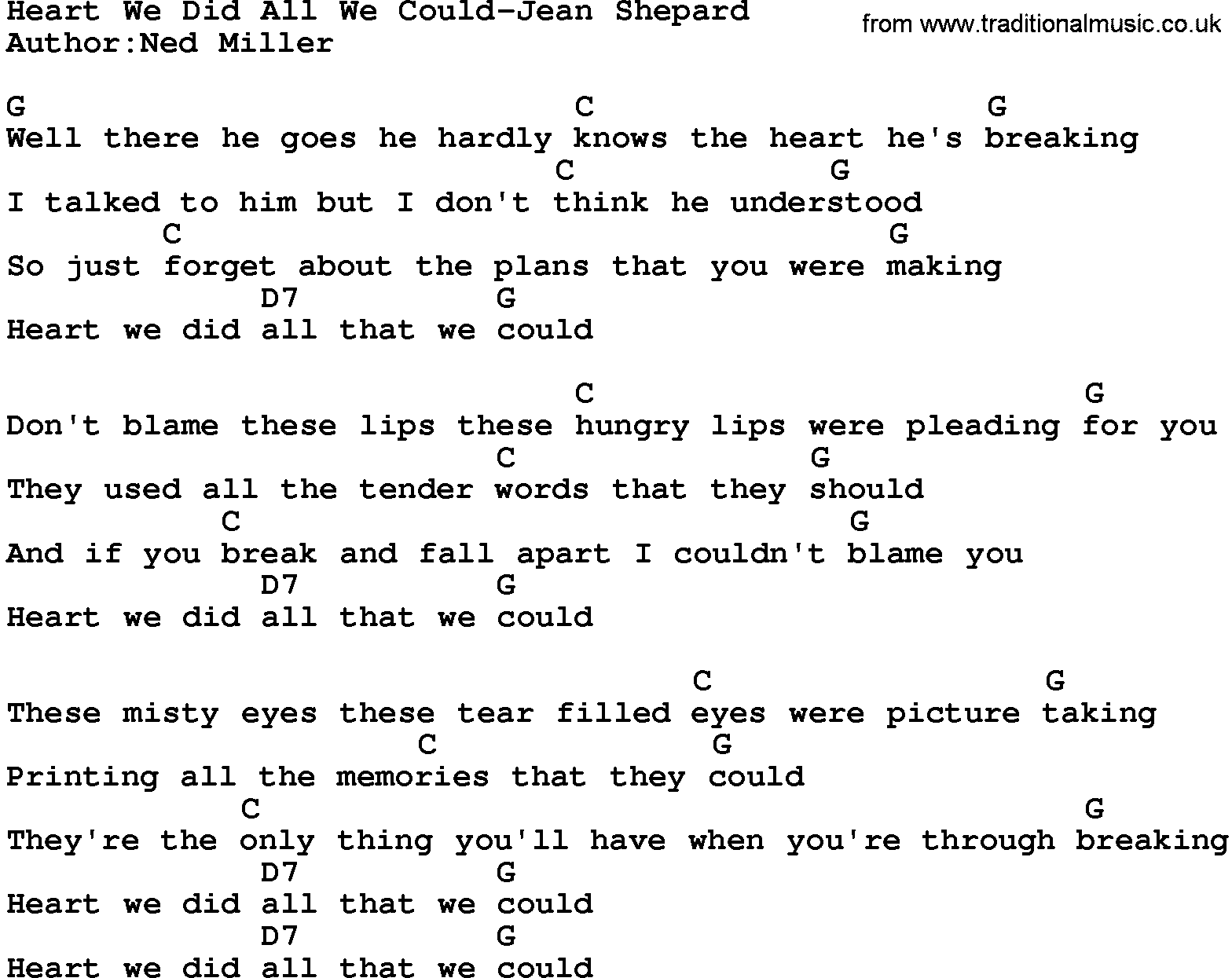 Country music song: Heart We Did All We Could-Jean Shepard lyrics and chords