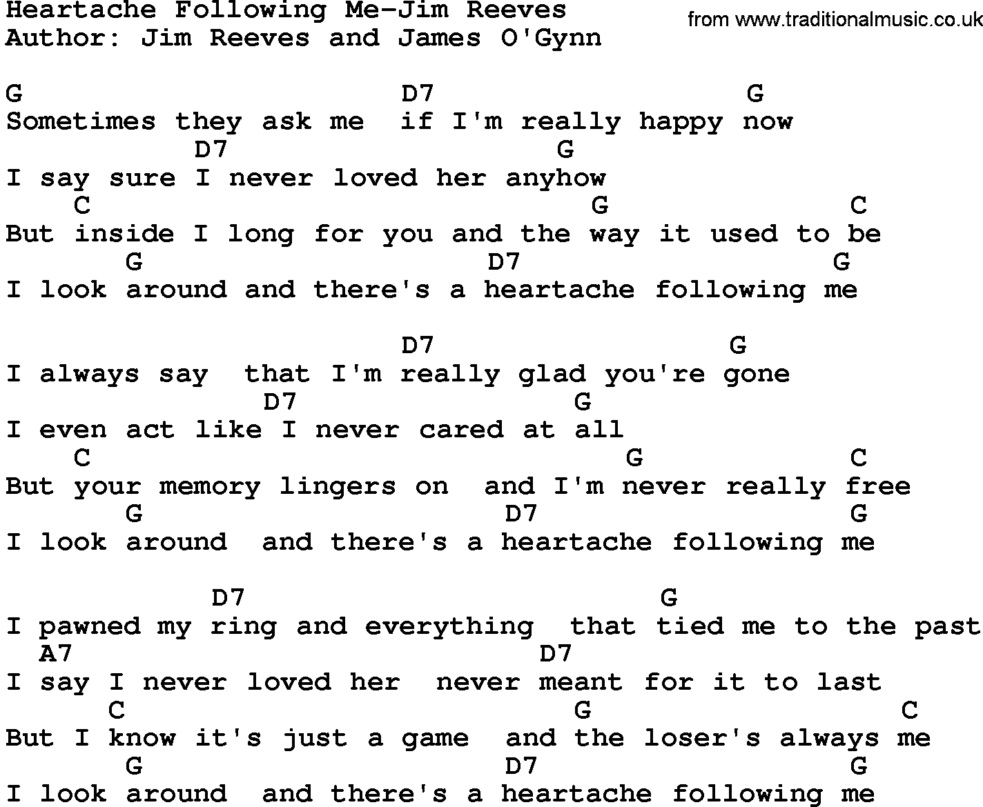 Country music song: Heartache Following Me-Jim Reeves lyrics and chords