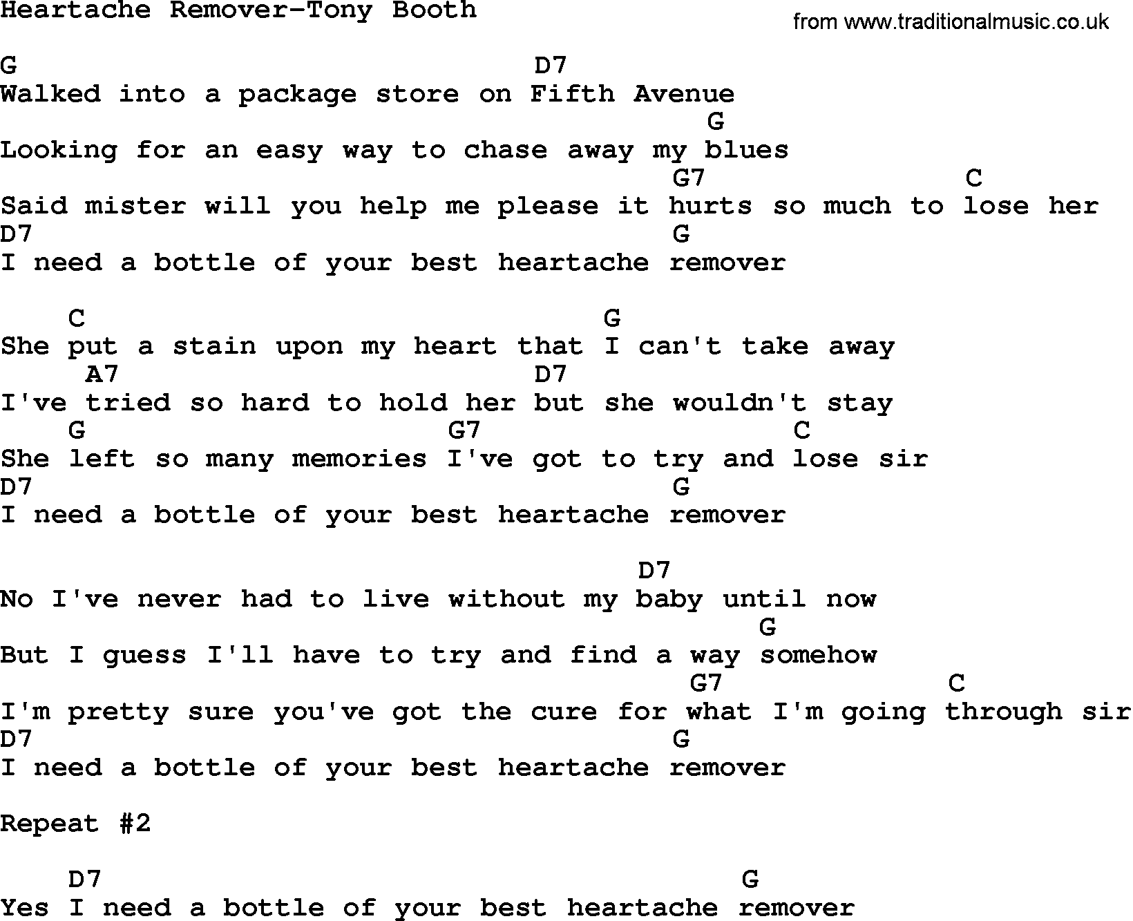 Country music song: Heartache Remover-Tony Booth lyrics and chords