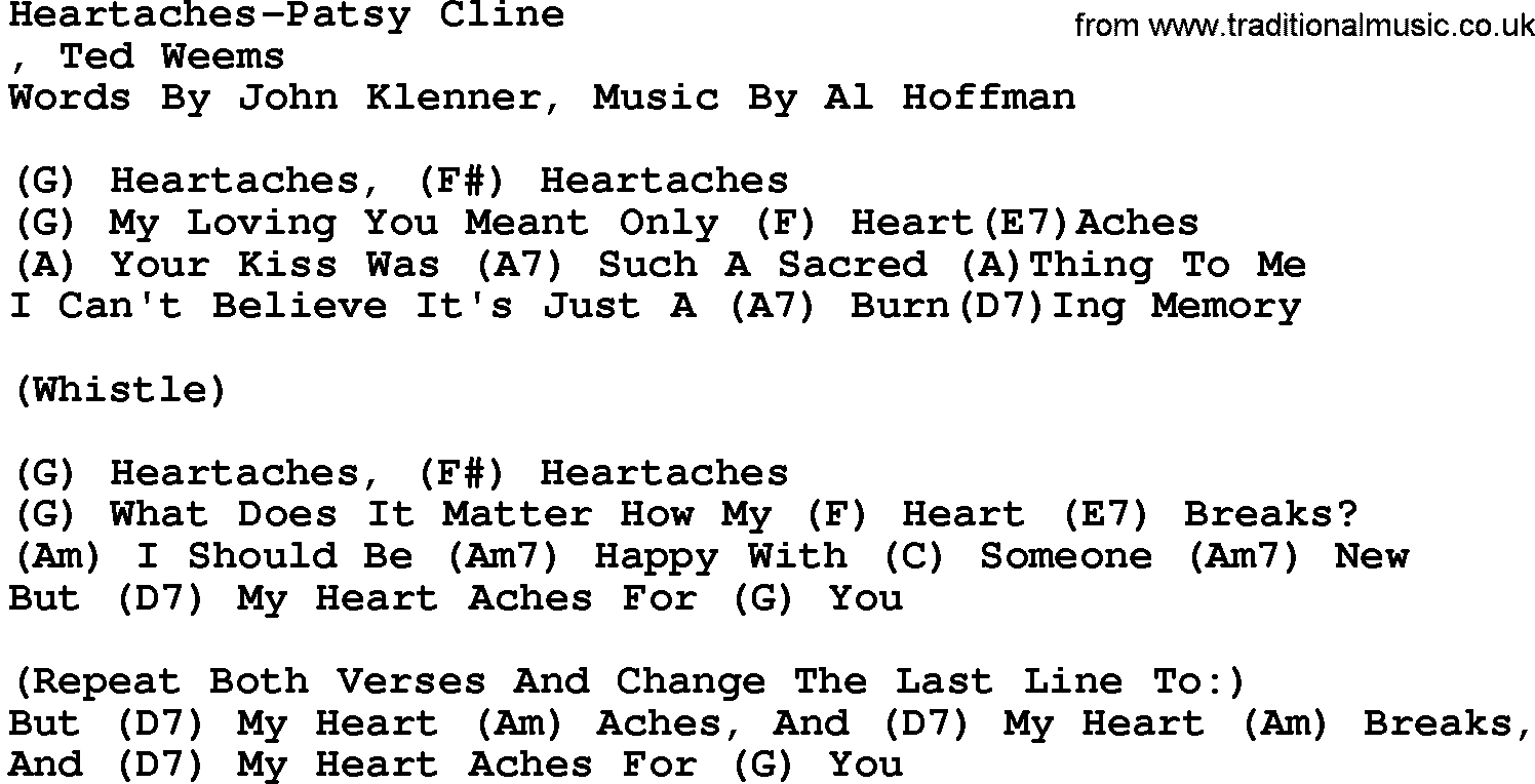 Country music song: Heartaches-Patsy Cline lyrics and chords