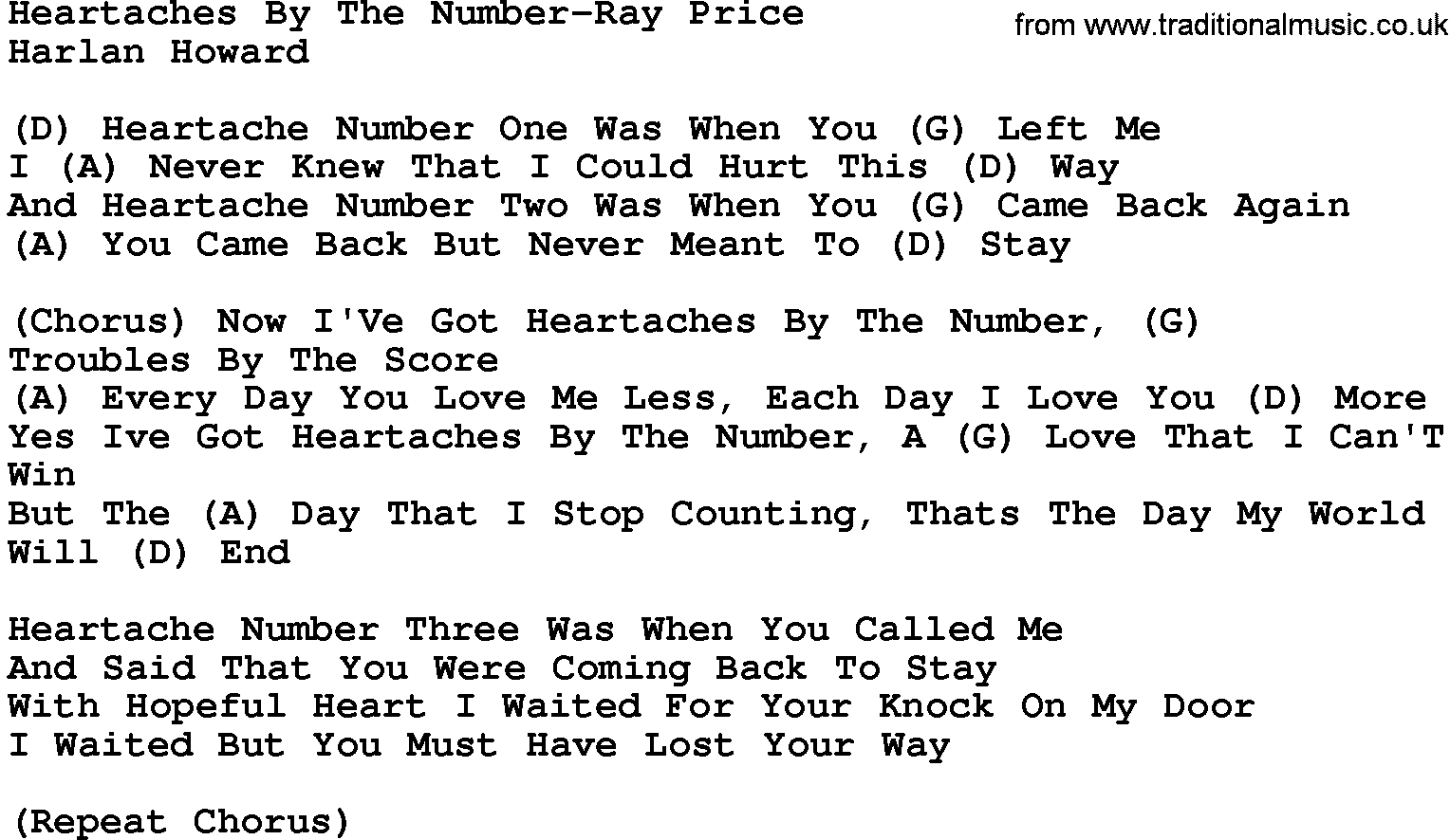 Country music song: Heartaches By The Number-Ray Price lyrics and chords