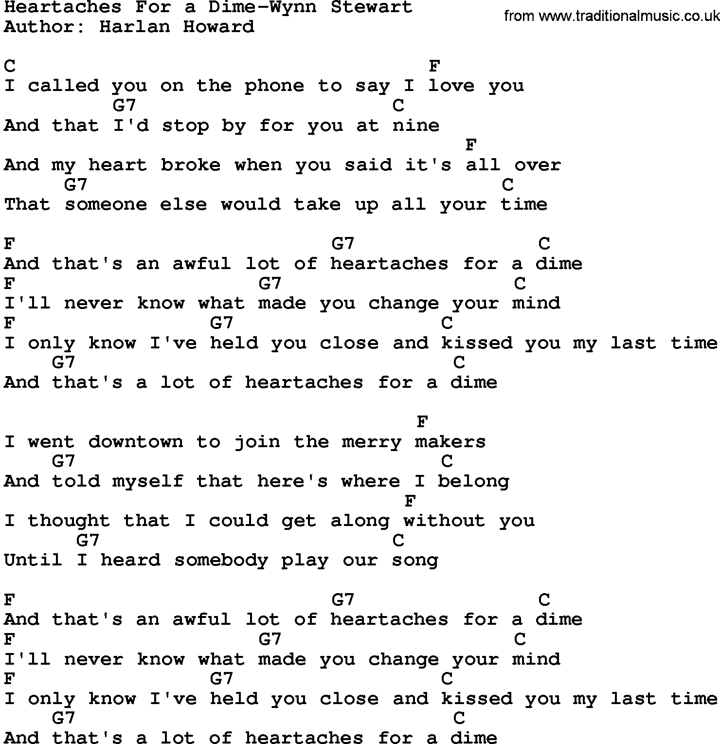 Country music song: Heartaches For A Dime-Wynn Stewart lyrics and chords