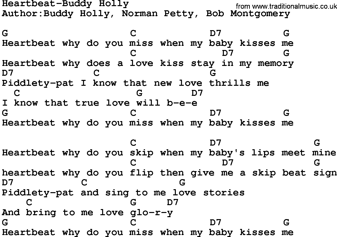 Country music song: Heartbeat-Buddy Holly lyrics and chords