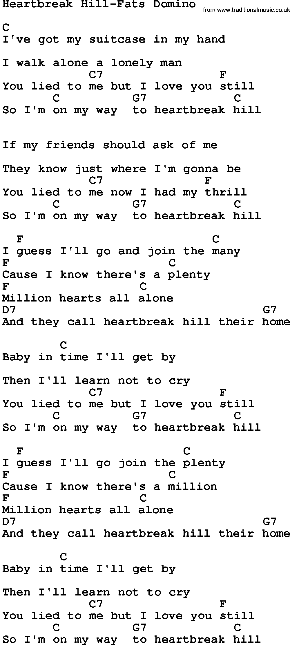 Country music song: Heartbreak Hill-Fats Domino lyrics and chords